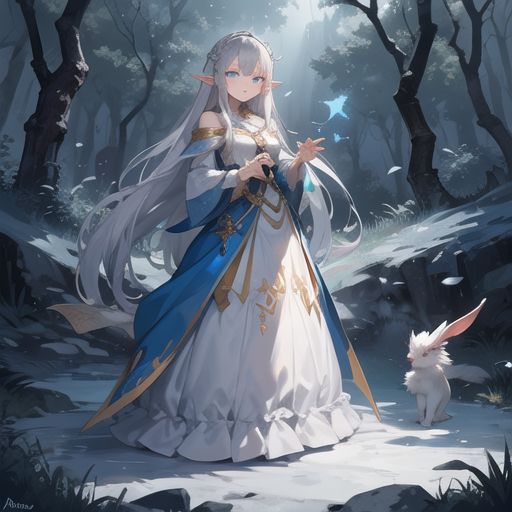 A mystical elf girl with long silver hair and glowing blue eyes, standing in an enchanted forest, surrounded by magical creatures.