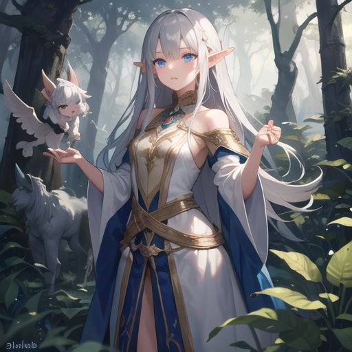 A mystical elf girl with long silver hair and glowing blue eyes, standing in an enchanted forest, surrounded by magical creatures.