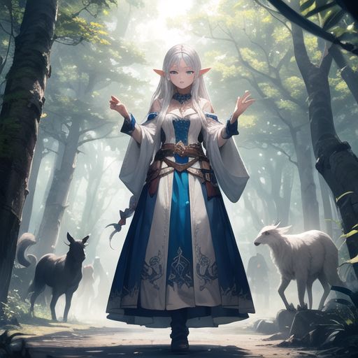 A mystical elf girl with long silver hair and glowing blue eyes, standing in an enchanted forest, surrounded by magical creatures.