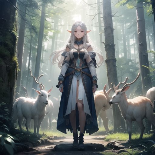 A mystical elf girl with long silver hair and glowing blue eyes, standing in an enchanted forest, surrounded by magical creatures.