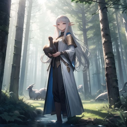 A mystical elf girl with long silver hair and glowing blue eyes, standing in an enchanted forest, surrounded by magical creatures.