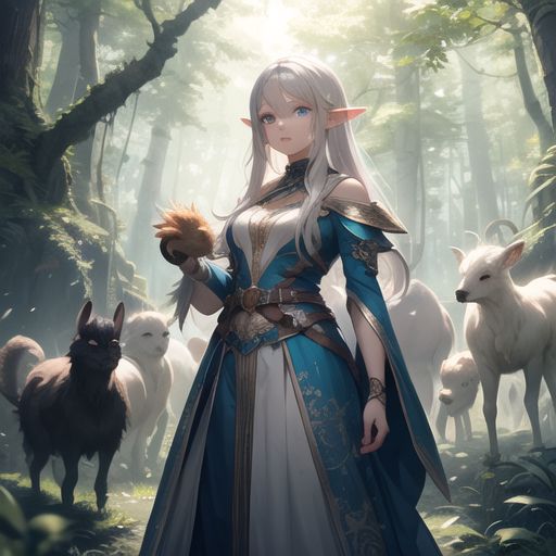 A mystical elf girl with long silver hair and glowing blue eyes, standing in an enchanted forest, surrounded by magical creatures.