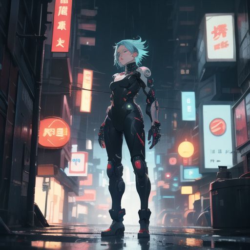 A futuristic anime girl with neon blue hair, wearing a cyber suit, standing in a rain-soaked neon-lit city, cyberpunk style.