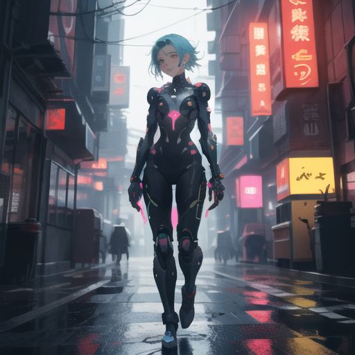 A futuristic anime girl with neon blue hair, wearing a cyber suit, standing in a rain-soaked neon-lit city, cyberpunk style.