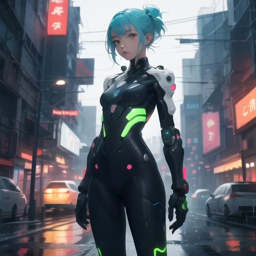 A futuristic anime girl with neon blue hair, wearing a cyber suit, standing in a rain-soaked neon-lit city, cyberpunk style.