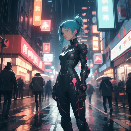 A futuristic anime girl with neon blue hair, wearing a cyber suit, standing in a rain-soaked neon-lit city, cyberpunk style.