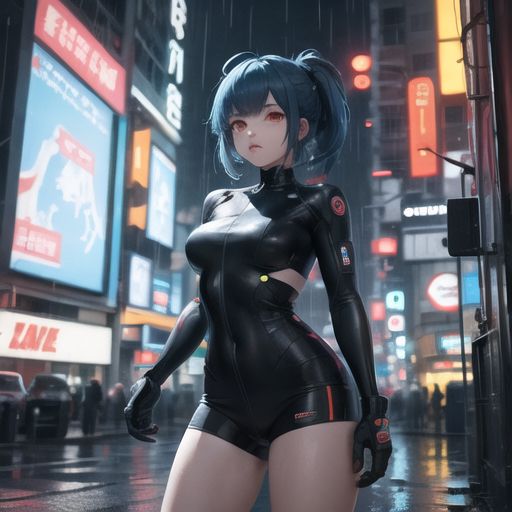 A futuristic anime girl with neon blue hair, wearing a cyber suit, standing in a rain-soaked neon-lit city, cyberpunk style.