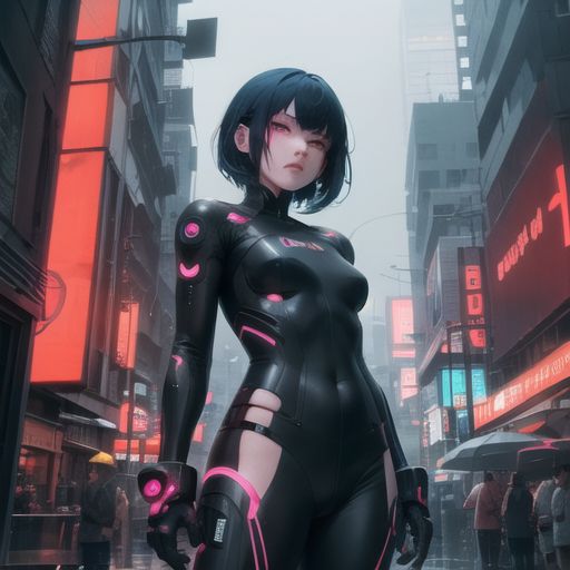 A futuristic anime girl with neon blue hair, wearing a cyber suit, standing in a rain-soaked neon-lit city, cyberpunk style.