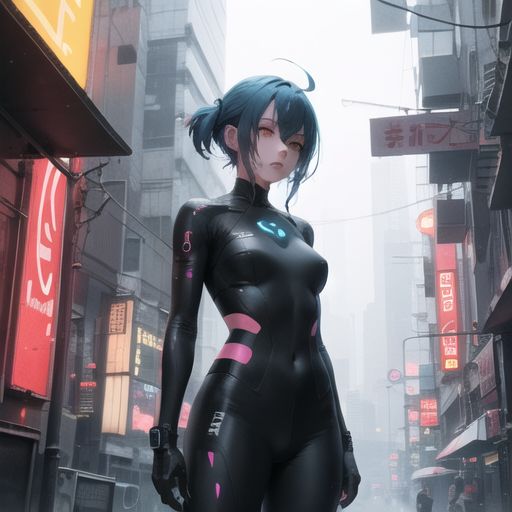 A futuristic anime girl with neon blue hair, wearing a cyber suit, standing in a rain-soaked neon-lit city, cyberpunk style.