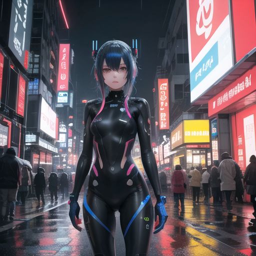 A futuristic anime girl with neon blue hair, wearing a cyber suit, standing in a rain-soaked neon-lit city, cyberpunk style.