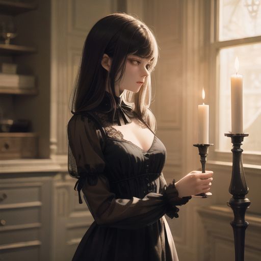 A gothic vampire girl with pale skin, wearing a black lace dress, standing in a dark candlelit room, dramatic lighting.