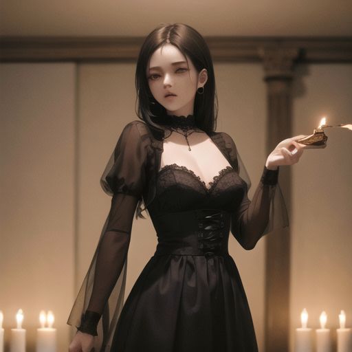 A gothic vampire girl with pale skin, wearing a black lace dress, standing in a dark candlelit room, dramatic lighting.