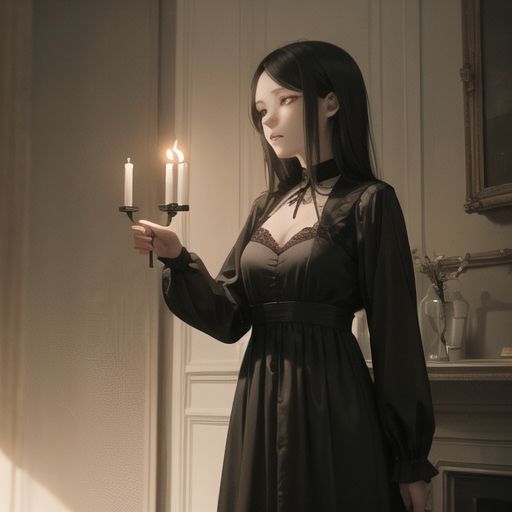 A gothic vampire girl with pale skin, wearing a black lace dress, standing in a dark candlelit room, dramatic lighting.