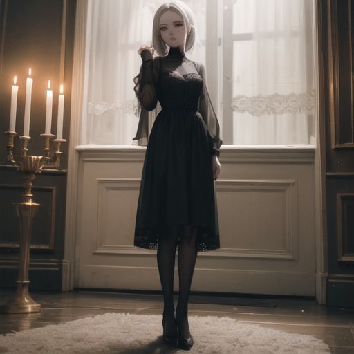 A gothic vampire girl with pale skin, wearing a black lace dress, standing in a dark candlelit room, dramatic lighting.