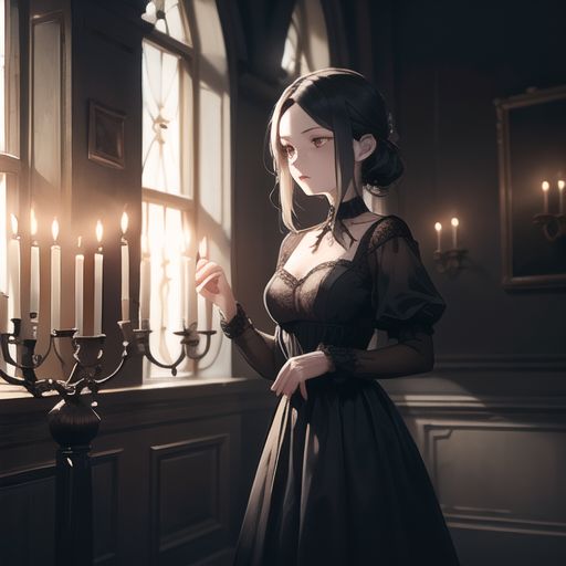 A gothic vampire girl with pale skin, wearing a black lace dress, standing in a dark candlelit room, dramatic lighting.