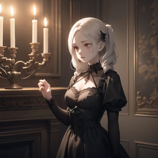 A gothic vampire girl with pale skin, wearing a black lace dress, standing in a dark candlelit room, dramatic lighting.