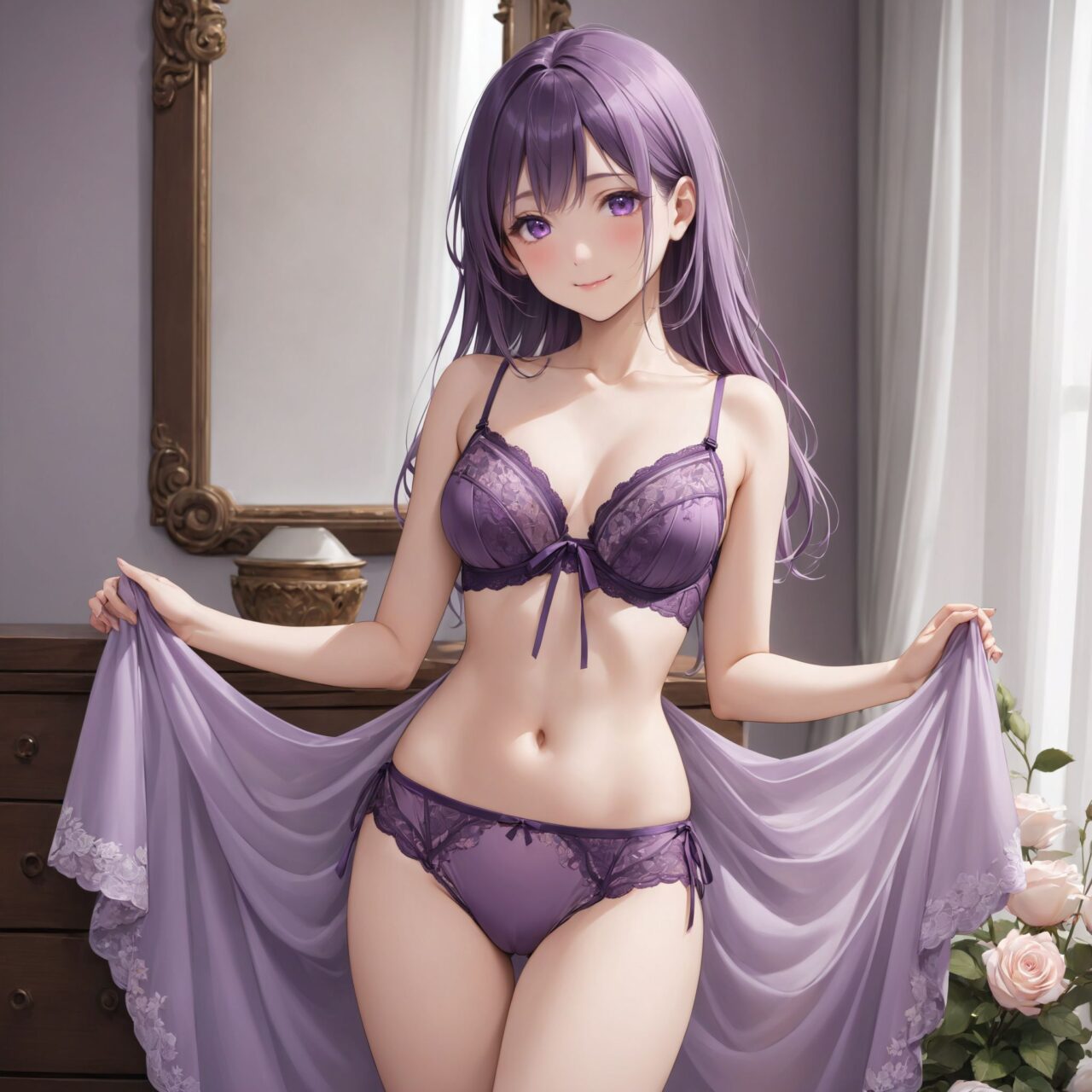 a Innocent pure and charming 16-year-old girl, 
youthful expression, gentle smile, shy demeanour,

Idol smile with a combination of innocence and a hint of sex appeal.

eyes shining with purity, delicate flow of hair, Facing the camera, making eye contact, Soft, natural posture, youthful, graceful shot, 


Romantic and elegant feminine silk set. The purple silk full cup bra and delicate floral design bring out an elegant, warm, and feminine look. The silk's unique luster gives the whole piece a soft glow and a luxurious look.

Material: Silk is used for its suppleness and smoothness to the touch. The silk's unique softness gives the wearer the feeling of snuggling up to the skin. The purple silk reflects light to create an elegant sheen, accentuating the rich texture. The full cup bra wraps securely around the bust and offers both comfort and beauty for everyday wear.
DESIGN: The cups of the bra are embroidered with a delicate floral pattern on a pale purple base. This floral pattern is soft in hue yet three-dimensional, bringing a sense of luxury to the bra as a whole. The embroidered flowers are especially detailed, with each petal and leaf carefully rendered. The shorts are similarly well balanced and combined with floral lace over purple silk.
Panties: The bikini shorts are feminine and graceful, with smooth silk and floral lace flowing down the sides. The delicate lace extends along the hip line, accentuating soft curves. A thin silk ribbon is tied around the waist to create a sense of unity throughout. The design emphasizes a sense of unity with the bra, allowing the wearer to enjoy coordinating the top and bottom sets.
Camisole: The camisole is made of the same purple silk as the bra and panties, giving the entire set a unified look. The neckline and hem are decorated with the same floral lace, adding a glamorous look. The camisole's unique silk luster gently conforms to the body, maximizing the beauty of the silk. In addition, ribbon accents are placed at the waist to accentuate its elegance.
Color: The overall color scheme is based on soft purple, a gentle tone that blends in with the skin. The color evokes feminine gentleness and warmth, perfect for romantic occasions. The purple color, combined with the luster of the silk, gives the garment a more three-dimensional, rich look.



She is a career woman working in the city, but inside she has a pure and soft sensitivity. She has a poised attitude at work, but on her days off she prefers to relax in nature. She especially likes to take walks in the rose garden, where she can find peace of mind by spending peaceful moments. This purple silk lingerie set symbolizes her tenderness and delicacy. As she prepares for her date, her heart dances with the beauty of the floral pattern, and she feels confident as she smiles in front of the mirror. The roses soothe her heart and her beauty is expressed in the lingerie.

Prompt:.

?A luxurious purple silk full-cup bra crafted from the softest silk, with an intricate floral lace embroidery pattern delicately adorning the cups. The The lace features finely detailed floral motifs, including petals and leaves, carefully stitched in soft tones to create a subtle but elegant texture. The bra's soft silk material hugs the body, providing both comfort and support, while the floral embroidery enhances the femininity of the design. Paired with matching purple silk bikini panties, the same delicate floral lace embroidery runs along the sides, accentuating the natural curves of the hips. The panties are designed with a subtle lace trim that gently wraps around the waist, where a silk ribbon is tied, adding a charming touch. The camisole drapes gracefully over the body, with a luxurious silk ribbon tied at the hem. The soft purple tones and intricate floral lace create a cohesive, romantic aesthetic, perfect for a special evening. The soft purple tones and intricate floral lace create a cohesive, romantic aesthetic, perfect for a special evening.