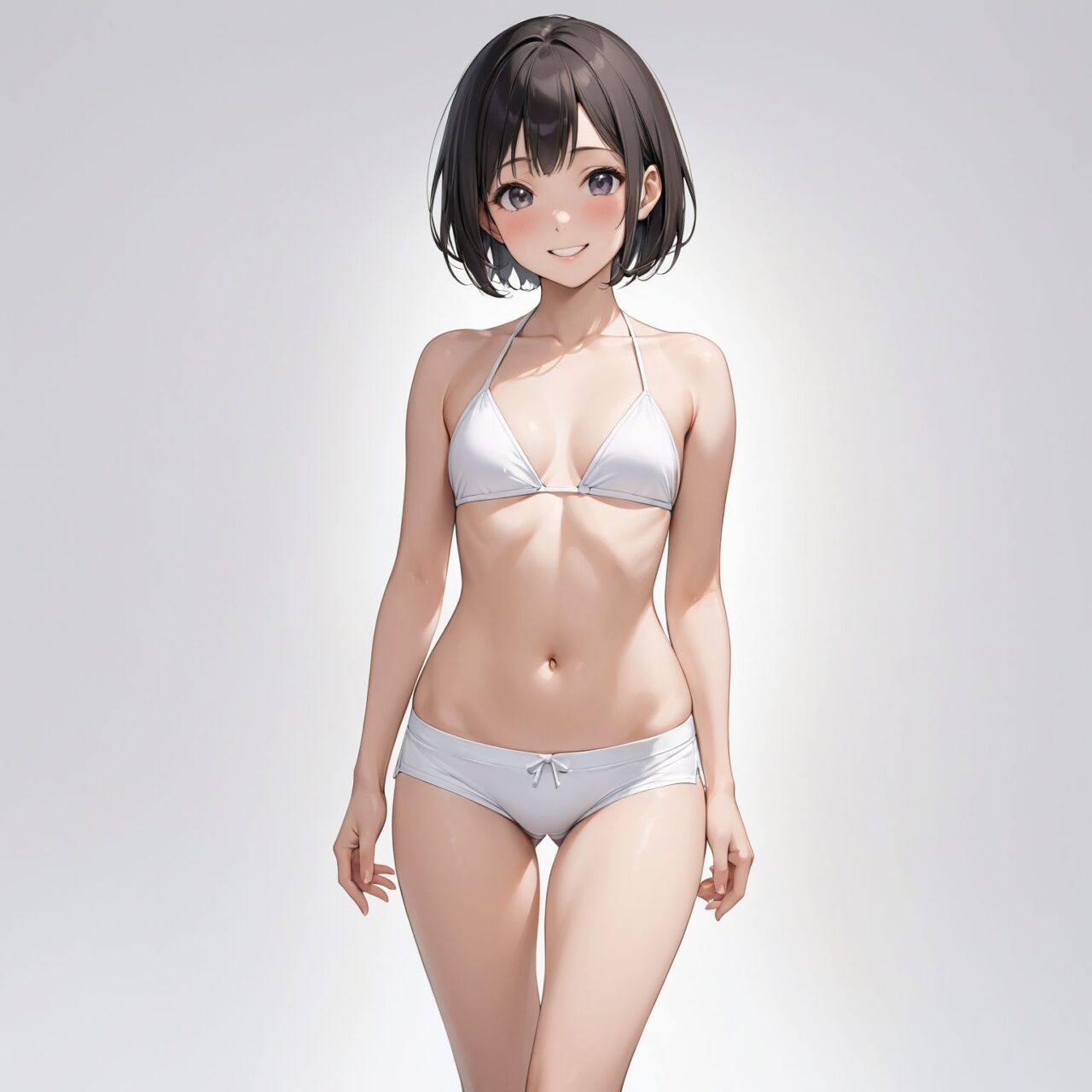 Sample illustration of a drawing of female panties with ultra-high-precision photorealistic images.
A 16 year old Japanese high school girl idol is standing in front of a white background,
She is very pretty, short cut black hair, facing front, idol-like expression, innocent and pure childish face, smiling gently, 
Details of the panties/shorts she is wearing are in (  Bikini Shorts).


Bikini Shorts
"Sleek and sexy bikini shorts with a low-rise waistband and (high-cut leg openings). The design accentuates the hips while providing just enough coverage. The fabric is soft and stretchy, offering a comfortable fit that moves with the body. Ideal for everyday wear, these shorts combine a modern look with comfort."