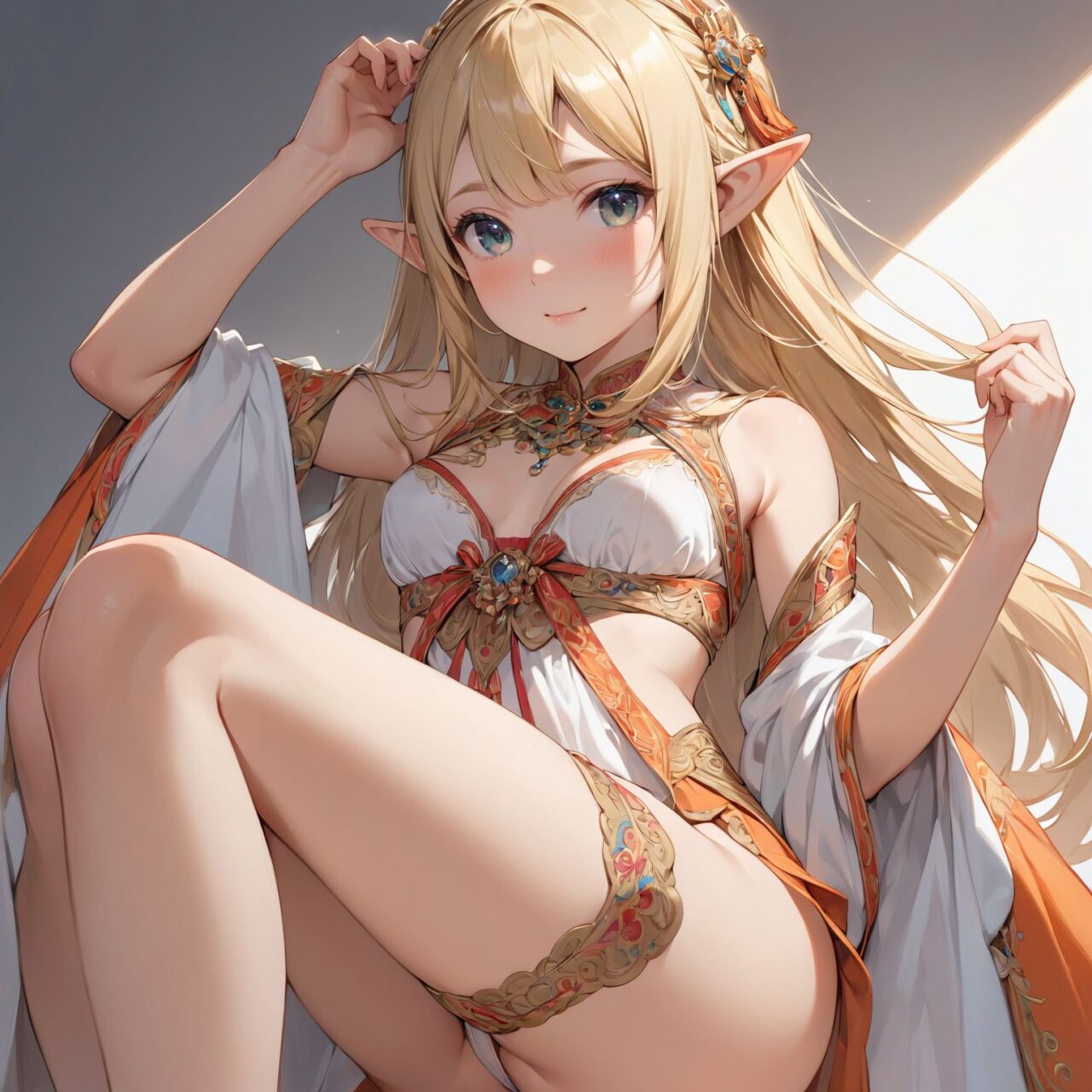 Please draw a sample photo of lingerie for a young girl, following the instructions below.
The model is a 16-year-old blonde elf beauty.
She is shown in a cowboy shot, standing alone facing forward, with her knees up.
The background is plain white.


nubra, 


The low angle emphasises her kawaii and highlights the fine textures of her hair and clothes, 
Natural light casts soft shadows and highlights the contours of her youthful face, 


Bringing her into sharp focus,

High resolution, detailed graphics, 
vivid colors, professional quality,


Ultra-high resolution, capturing every detail from individual strands of hair to the intricate fabrics of her costume,
Professional-grade clarity and contrast bring the vibrant colours to life,