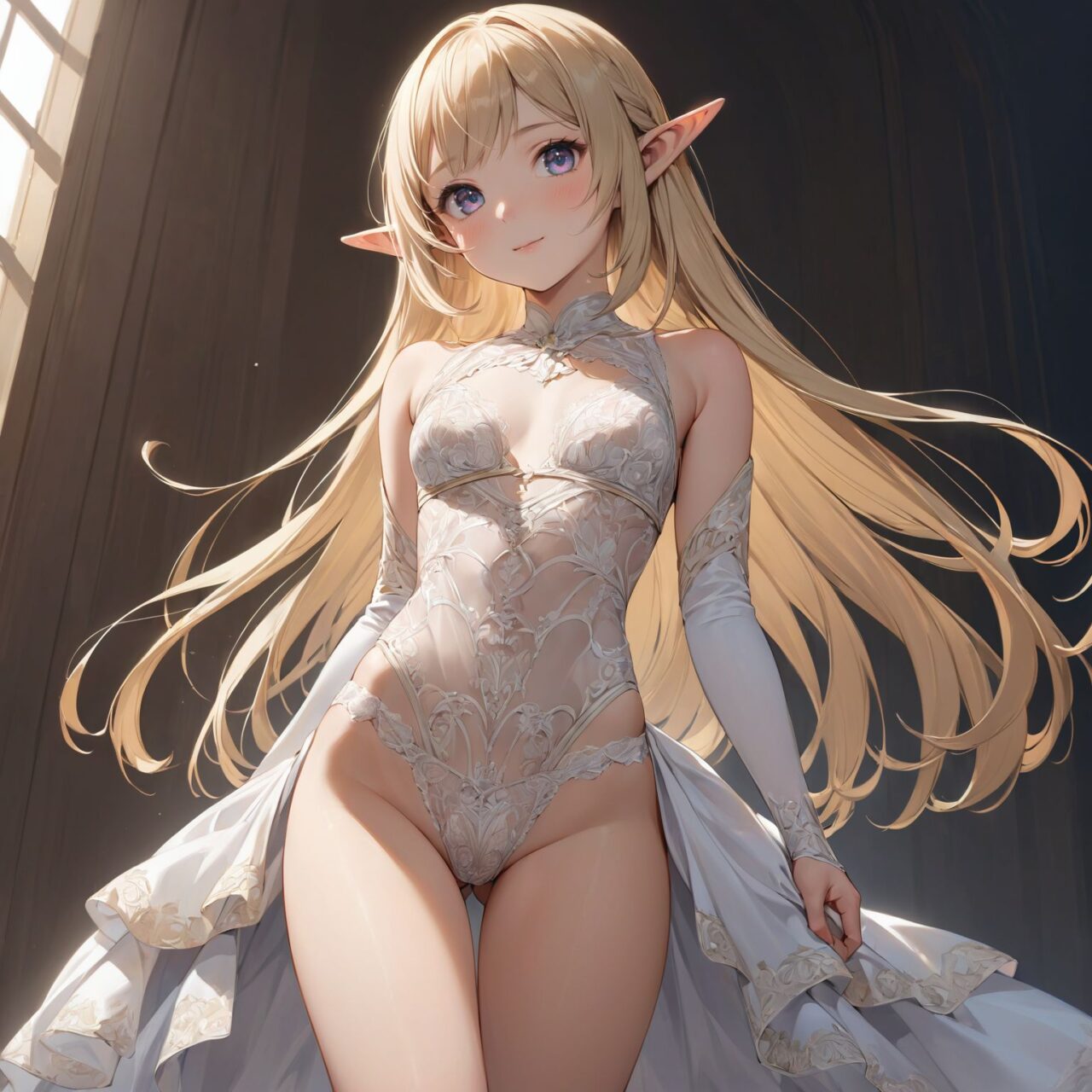 Please draw a sample photo of lingerie for a young girl, following the instructions below.
The model is a 16-year-old blonde elf beauty.
She is shown in a cowboy shot, standing alone facing forward, with her knees up.
The background is plain white.


nubra, 


The low angle emphasises her kawaii and highlights the fine textures of her hair and clothes, 
Natural light casts soft shadows and highlights the contours of her youthful face, 


Bringing her into sharp focus,

High resolution, detailed graphics, 
vivid colors, professional quality,


Ultra-high resolution, capturing every detail from individual strands of hair to the intricate fabrics of her costume,
Professional-grade clarity and contrast bring the vibrant colours to life,