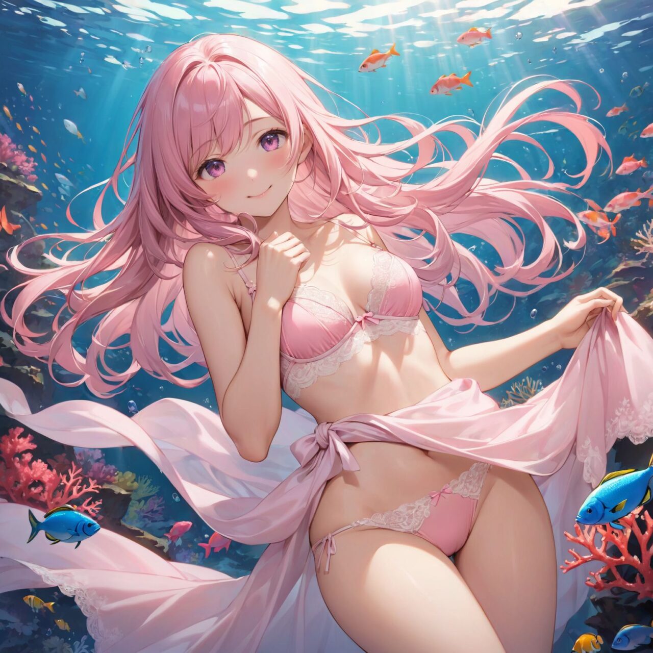 "a Innocent pure and charming 16-year-old girl, 
youthful expression, gentle smile, shy demeanour,

Idol smile with a combination of innocence and a hint of sex appeal.

eyes shining with purity, delicate flow of hair, Facing the camera, making eye contact, Soft, natural posture, youthful, graceful shot, "

(Underwater scene with colorful fish and coral),
(Neon green with black streaks long wavy hair),

A stunning pink silk push-up bra, designed to provide both lift and elegance, with intricate floral lace delicately adorning the cups. The lace flows along the curves of the bra, creating a soft and feminine silhouette. The delicate petals and leaves of the lace pattern mimic the gentle movement of flowers in the wind, adding an ethereal touch to the design. ethereal touch to the design. Paired with matching pink silk bikini panties, the sides of the panties feature the same floral lace, gracefully extending from the waist to the hips, emphasizing the natural curves. A small silk ribbon is tied at the waist, adding a charming accent that complements the overall look. Completing the set is a pink silk camisole, with matching lace trim along the neckline and hem. The camisole drapes softly over the body, with the smooth silk enhancing the feminine silhouette. The soft pink tones and intricate lace details create a cohesive, romantic look, perfect for unwinding after a long day or enjoying a special, intimate evening.?