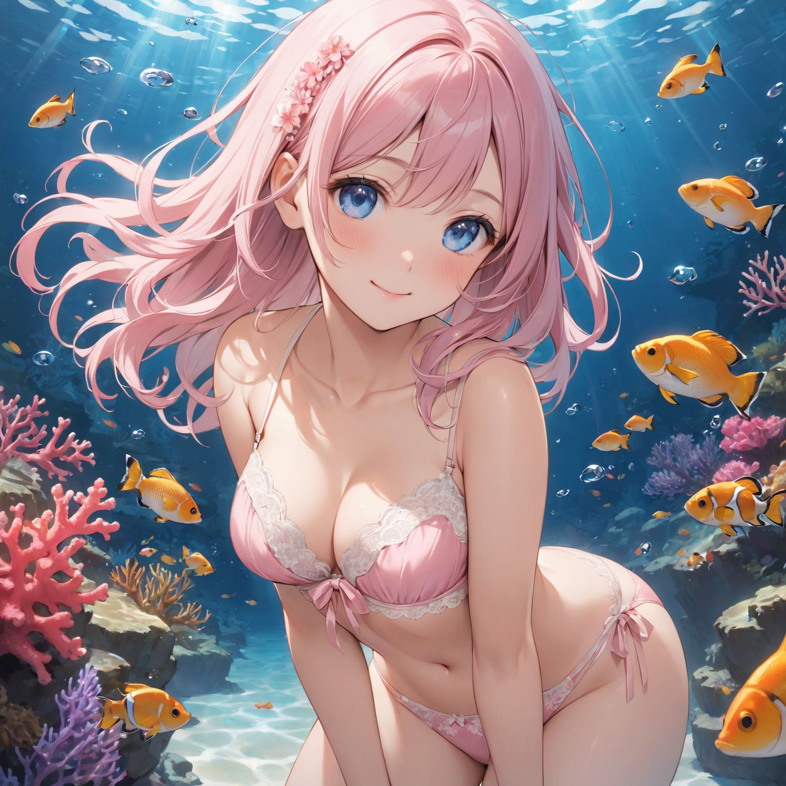 "a Innocent pure and charming 16-year-old girl, 
youthful expression, gentle smile, shy demeanour,

Idol smile with a combination of innocence and a hint of sex appeal.

eyes shining with purity, delicate flow of hair, Facing the camera, making eye contact, Soft, natural posture, youthful, graceful shot, "

(Underwater scene with colorful fish and coral),
(Sky blue and silver ombre medium-length wavy style),

A stunning pink silk push-up bra, designed to provide both lift and elegance, with intricate floral lace delicately adorning the cups. The lace flows along the curves of the bra, creating a soft and feminine silhouette. The delicate petals and leaves of the lace pattern mimic the gentle movement of flowers in the wind, adding an ethereal touch to the design. ethereal touch to the design. Paired with matching pink silk bikini panties, the sides of the panties feature the same floral lace, gracefully extending from the waist to the hips, emphasizing the natural curves. A small silk ribbon is tied at the waist, adding a charming accent that complements the overall look. Completing the set is a pink silk camisole, with matching lace trim along the neckline and hem. The camisole drapes softly over the body, with the smooth silk enhancing the feminine silhouette. The soft pink tones and intricate lace details create a cohesive, romantic look, perfect for unwinding after a long day or enjoying a special, intimate evening.?