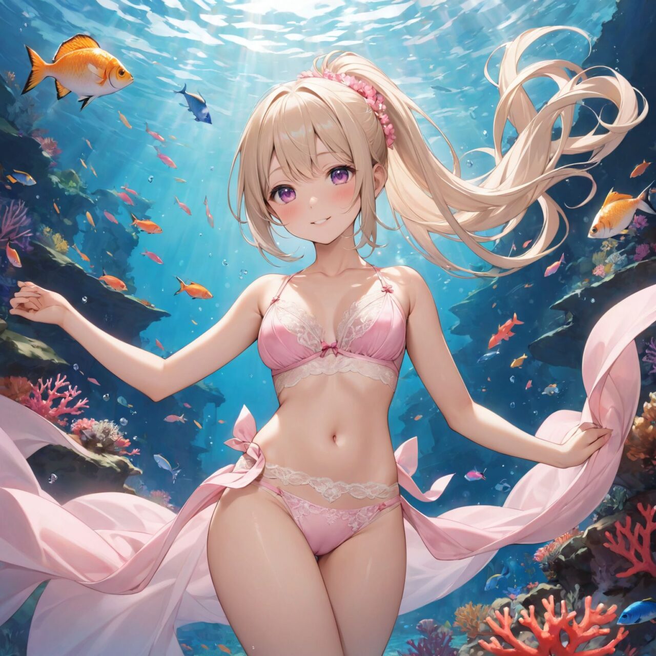 "a Innocent pure and charming 16-year-old girl, 
youthful expression, gentle smile, shy demeanour,

Idol smile with a combination of innocence and a hint of sex appeal.

eyes shining with purity, delicate flow of hair, Facing the camera, making eye contact, Soft, natural posture, youthful, graceful shot, "

(Underwater scene with colorful fish and coral),
(Platinum blonde with golden tips side-swept ponytail),

A stunning pink silk push-up bra, designed to provide both lift and elegance, with intricate floral lace delicately adorning the cups. The lace flows along the curves of the bra, creating a soft and feminine silhouette. The delicate petals and leaves of the lace pattern mimic the gentle movement of flowers in the wind, adding an ethereal touch to the design. ethereal touch to the design. Paired with matching pink silk bikini panties, the sides of the panties feature the same floral lace, gracefully extending from the waist to the hips, emphasizing the natural curves. A small silk ribbon is tied at the waist, adding a charming accent that complements the overall look. Completing the set is a pink silk camisole, with matching lace trim along the neckline and hem. The camisole drapes softly over the body, with the smooth silk enhancing the feminine silhouette. The soft pink tones and intricate lace details create a cohesive, romantic look, perfect for unwinding after a long day or enjoying a special, intimate evening.?