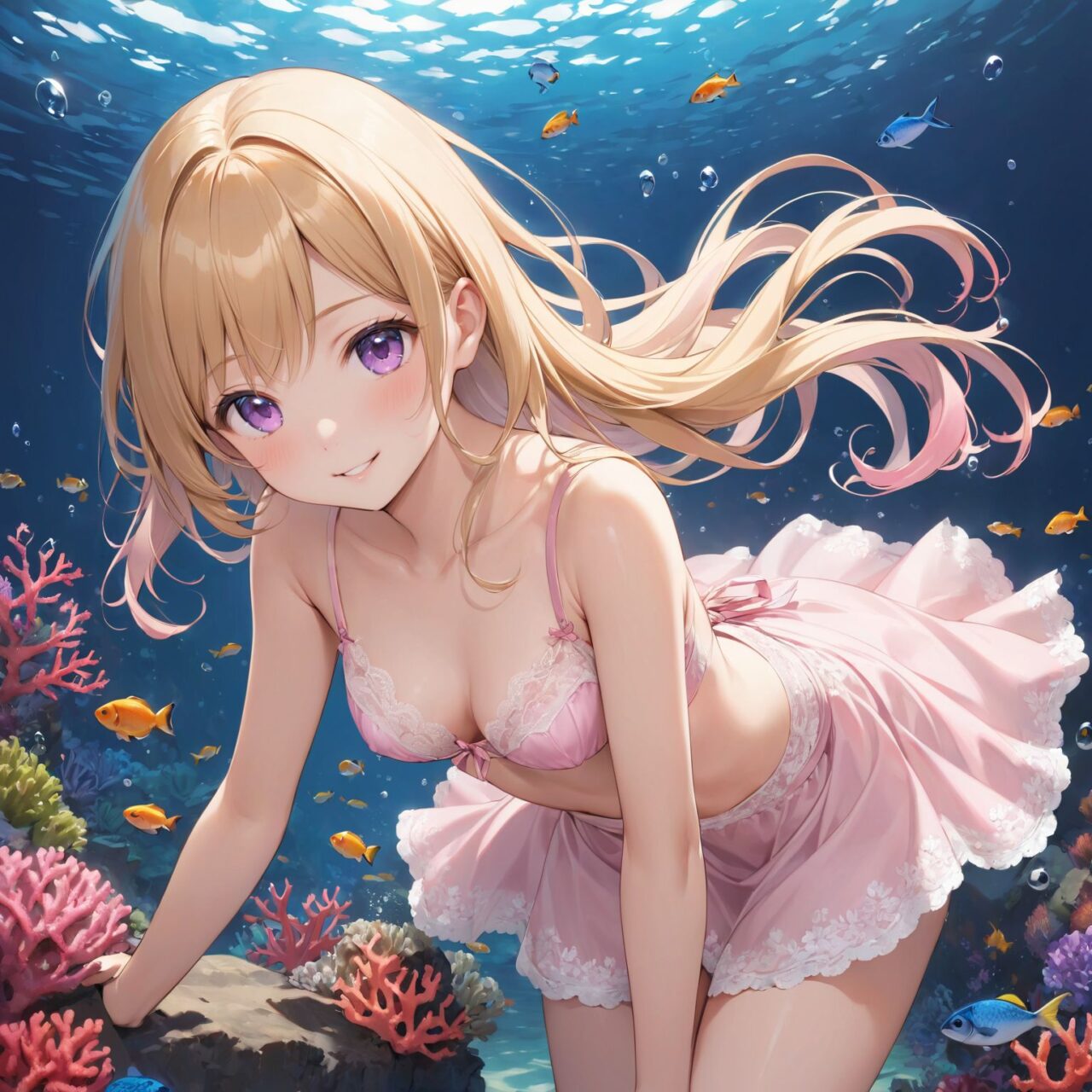 "a Innocent pure and charming 16-year-old girl, 
youthful expression, gentle smile, shy demeanour,

Idol smile with a combination of innocence and a hint of sex appeal.

eyes shining with purity, delicate flow of hair, Facing the camera, making eye contact, Soft, natural posture, youthful, graceful shot, "

(Underwater scene with colorful fish and coral),
(Golden blonde with lilac highlights half-up half-down style),

A stunning pink silk push-up bra, designed to provide both lift and elegance, with intricate floral lace delicately adorning the cups. The lace flows along the curves of the bra, creating a soft and feminine silhouette. The delicate petals and leaves of the lace pattern mimic the gentle movement of flowers in the wind, adding an ethereal touch to the design. ethereal touch to the design. Paired with matching pink silk bikini panties, the sides of the panties feature the same floral lace, gracefully extending from the waist to the hips, emphasizing the natural curves. A small silk ribbon is tied at the waist, adding a charming accent that complements the overall look. Completing the set is a pink silk camisole, with matching lace trim along the neckline and hem. The camisole drapes softly over the body, with the smooth silk enhancing the feminine silhouette. The soft pink tones and intricate lace details create a cohesive, romantic look, perfect for unwinding after a long day or enjoying a special, intimate evening.?