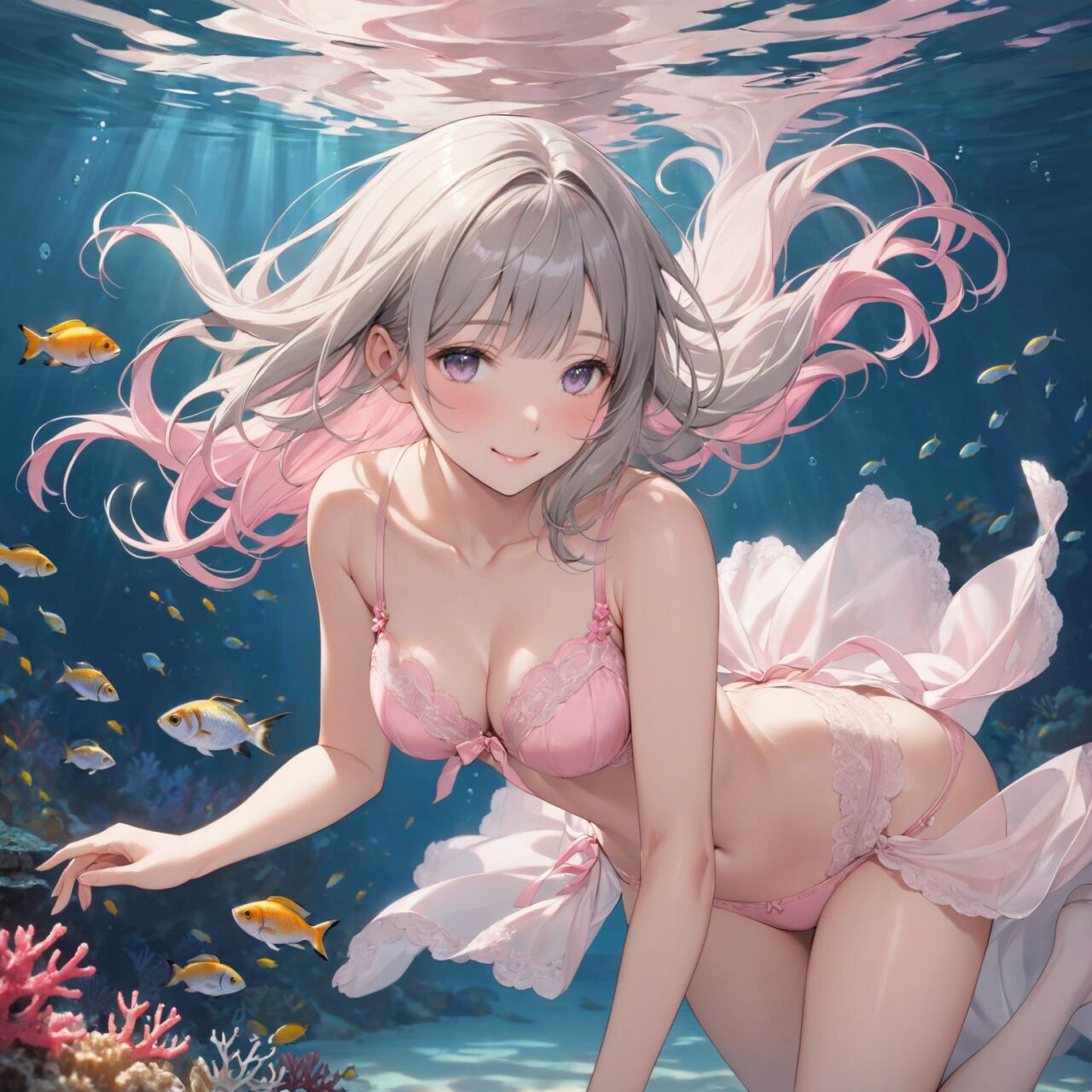 "a Innocent pure and charming 16-year-old girl, 
youthful expression, gentle smile, shy demeanour,

Idol smile with a combination of innocence and a hint of sex appeal.

eyes shining with purity, delicate flow of hair, Facing the camera, making eye contact, Soft, natural posture, youthful, graceful shot, "

(Underwater scene with colorful fish and coral),
(Short ash gray with pastel pink tips choppy bangs),

A stunning pink silk push-up bra, designed to provide both lift and elegance, with intricate floral lace delicately adorning the cups. The lace flows along the curves of the bra, creating a soft and feminine silhouette. The delicate petals and leaves of the lace pattern mimic the gentle movement of flowers in the wind, adding an ethereal touch to the design. ethereal touch to the design. Paired with matching pink silk bikini panties, the sides of the panties feature the same floral lace, gracefully extending from the waist to the hips, emphasizing the natural curves. A small silk ribbon is tied at the waist, adding a charming accent that complements the overall look. Completing the set is a pink silk camisole, with matching lace trim along the neckline and hem. The camisole drapes softly over the body, with the smooth silk enhancing the feminine silhouette. The soft pink tones and intricate lace details create a cohesive, romantic look, perfect for unwinding after a long day or enjoying a special, intimate evening.?