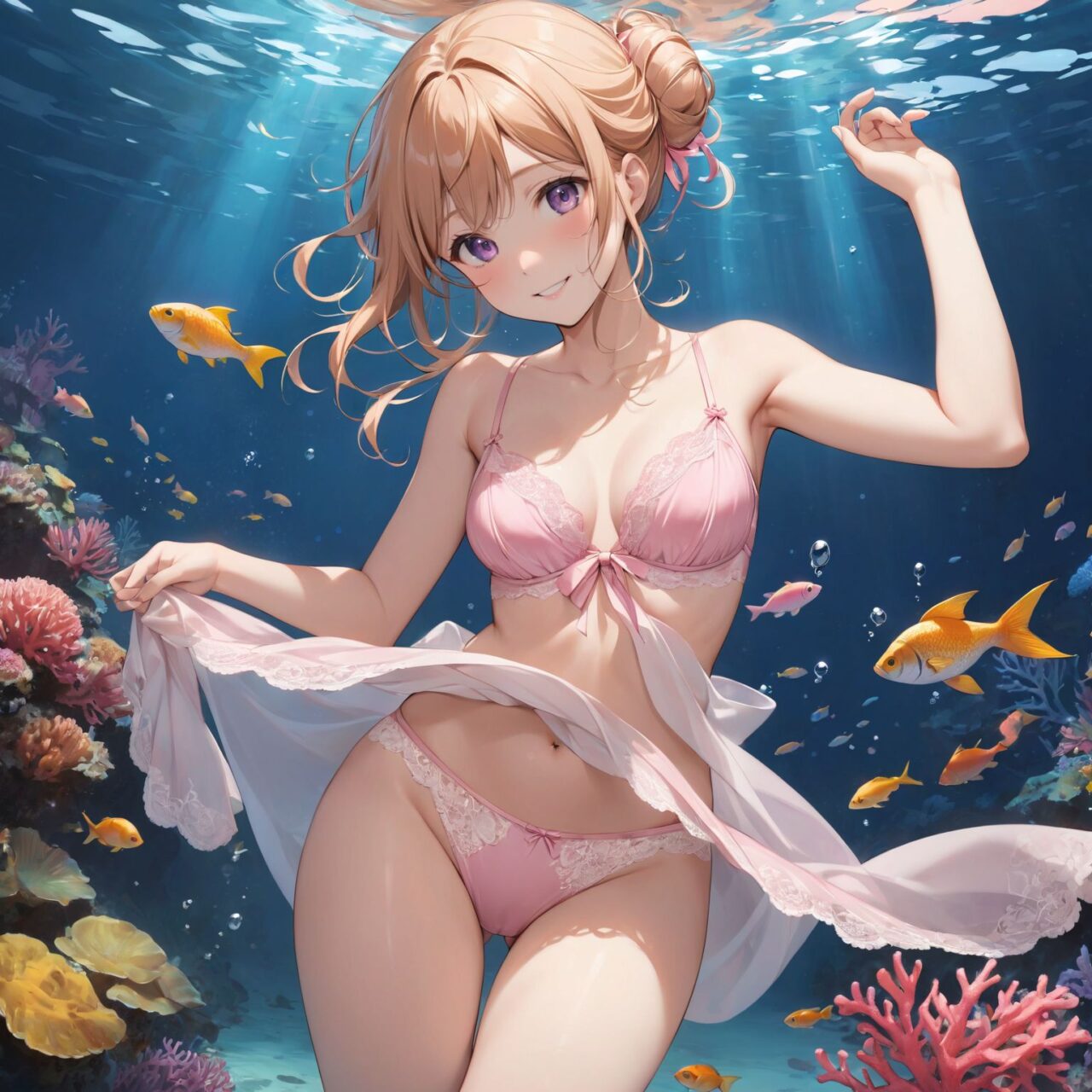 "a Innocent pure and charming 16-year-old girl, 
youthful expression, gentle smile, shy demeanour,

Idol smile with a combination of innocence and a hint of sex appeal.

eyes shining with purity, delicate flow of hair, Facing the camera, making eye contact, Soft, natural posture, youthful, graceful shot, "

(Underwater scene with colorful fish and coral),
(Strawberry blonde with purple streaks messy bun),

A stunning pink silk push-up bra, designed to provide both lift and elegance, with intricate floral lace delicately adorning the cups. The lace flows along the curves of the bra, creating a soft and feminine silhouette. The delicate petals and leaves of the lace pattern mimic the gentle movement of flowers in the wind, adding an ethereal touch to the design. ethereal touch to the design. Paired with matching pink silk bikini panties, the sides of the panties feature the same floral lace, gracefully extending from the waist to the hips, emphasizing the natural curves. A small silk ribbon is tied at the waist, adding a charming accent that complements the overall look. Completing the set is a pink silk camisole, with matching lace trim along the neckline and hem. The camisole drapes softly over the body, with the smooth silk enhancing the feminine silhouette. The soft pink tones and intricate lace details create a cohesive, romantic look, perfect for unwinding after a long day or enjoying a special, intimate evening.?