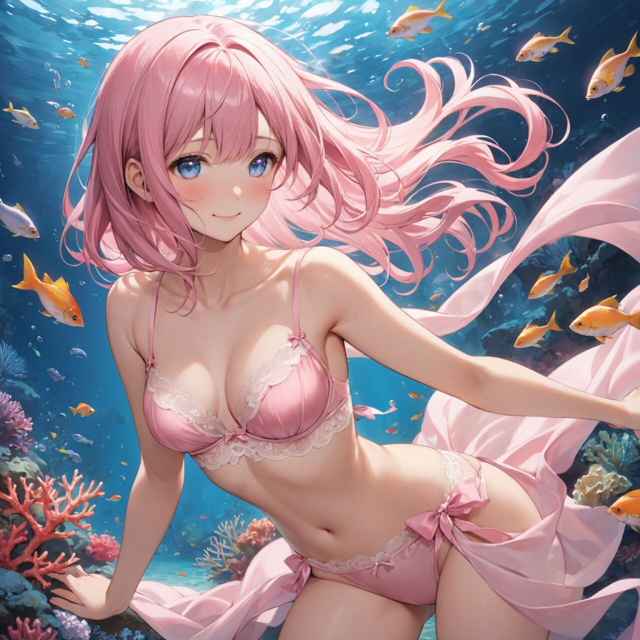 "a Innocent pure and charming 16-year-old girl, 
youthful expression, gentle smile, shy demeanour,

Idol smile with a combination of innocence and a hint of sex appeal.

eyes shining with purity, delicate flow of hair, Facing the camera, making eye contact, Soft, natural posture, youthful, graceful shot, "

(Underwater scene with colorful fish and coral),
(Rosy pink with sky blue ends straight shoulder-length hair),

A stunning pink silk push-up bra, designed to provide both lift and elegance, with intricate floral lace delicately adorning the cups. The lace flows along the curves of the bra, creating a soft and feminine silhouette. The delicate petals and leaves of the lace pattern mimic the gentle movement of flowers in the wind, adding an ethereal touch to the design. ethereal touch to the design. Paired with matching pink silk bikini panties, the sides of the panties feature the same floral lace, gracefully extending from the waist to the hips, emphasizing the natural curves. A small silk ribbon is tied at the waist, adding a charming accent that complements the overall look. Completing the set is a pink silk camisole, with matching lace trim along the neckline and hem. The camisole drapes softly over the body, with the smooth silk enhancing the feminine silhouette. The soft pink tones and intricate lace details create a cohesive, romantic look, perfect for unwinding after a long day or enjoying a special, intimate evening.?