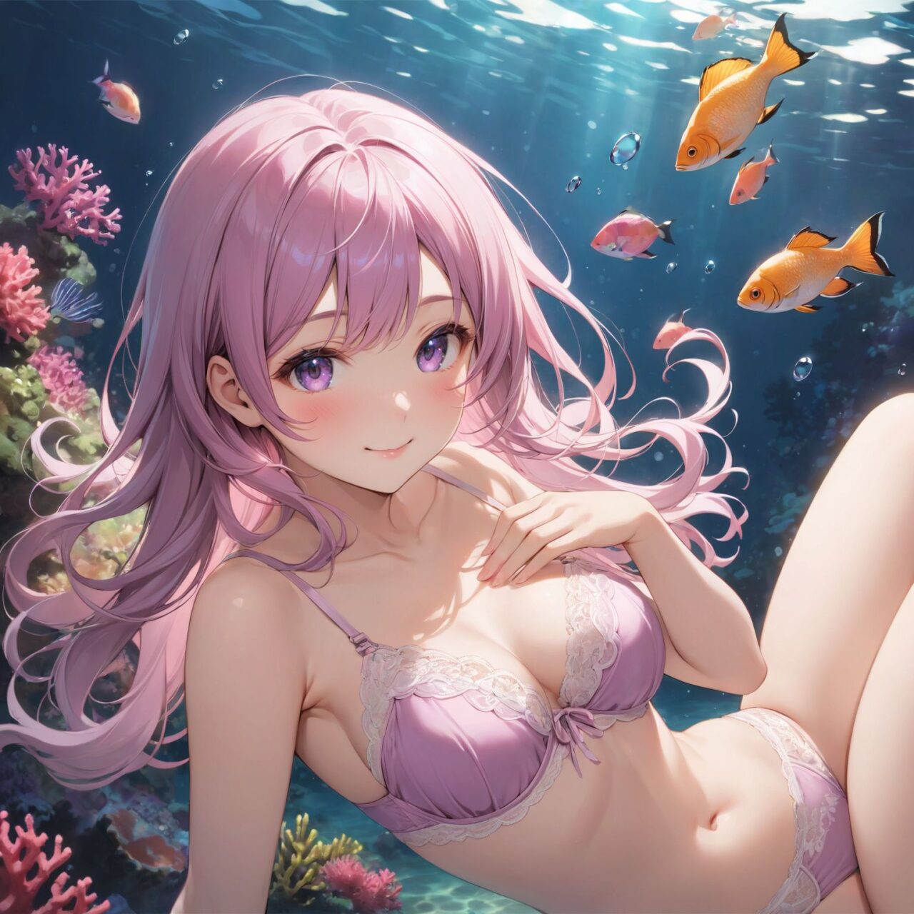 "a Innocent pure and charming 16-year-old girl, 
youthful expression, gentle smile, shy demeanour,

Idol smile with a combination of innocence and a hint of sex appeal.

eyes shining with purity, delicate flow of hair, Facing the camera, making eye contact, Soft, natural posture, youthful, graceful shot, "

(Underwater scene with colorful fish and coral),
(Deep violet with neon green highlights loose waves),

A stunning pink silk push-up bra, designed to provide both lift and elegance, with intricate floral lace delicately adorning the cups. The lace flows along the curves of the bra, creating a soft and feminine silhouette. The delicate petals and leaves of the lace pattern mimic the gentle movement of flowers in the wind, adding an ethereal touch to the design. ethereal touch to the design. Paired with matching pink silk bikini panties, the sides of the panties feature the same floral lace, gracefully extending from the waist to the hips, emphasizing the natural curves. A small silk ribbon is tied at the waist, adding a charming accent that complements the overall look. Completing the set is a pink silk camisole, with matching lace trim along the neckline and hem. The camisole drapes softly over the body, with the smooth silk enhancing the feminine silhouette. The soft pink tones and intricate lace details create a cohesive, romantic look, perfect for unwinding after a long day or enjoying a special, intimate evening.?