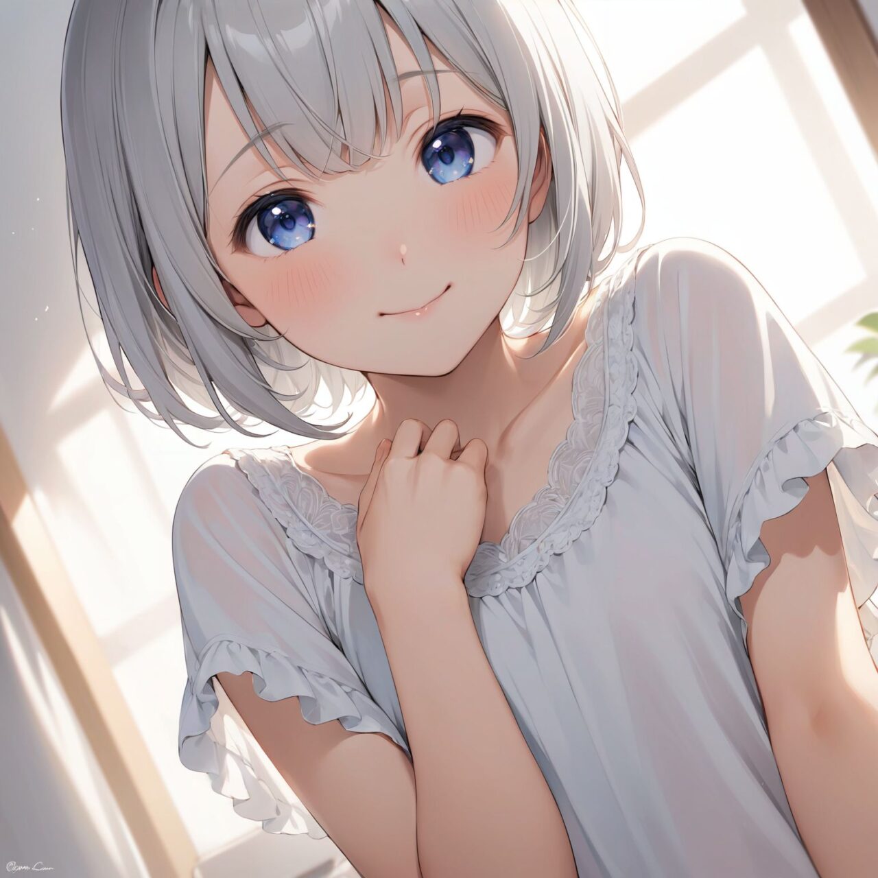 An innocent, pure and lovely 16-year-old girl,
with an innocent, childlike expression, a gentle smile, a shy gesture,

a bashful idol smile,

dark deep blue eyes that exude purity,
silver hair, a stylish short haircut, delicate hair flow,

Mayu-chan, who is popular in her class for being quiet, is wearing loose-fitting clothes in her room,
and a little of her chest is peeking out from the edge of her clothes as she relaxes in her light clothes.
Mayu-chan, who says ?Do you want to touch it?
?, is embarrassed and can't hide her impatience at showing her naked body for the first time.



She looks into the camera, her innocent surprise embodied in her expression,

the cowboy shot,
the soft, natural posture, the youthful and graceful shot,


the low angle of the shot emphasizes her cuteness and brings out the delicate texture of her hair and costume.
The soft shadows cast by the natural light emphasize the youthful contours of her face.


her figure clearly comes into focus.

High resolution, detailed graphics,
vibrant colors, professional quality,


ultra-high resolution, reproducing every detail from the individual strands of hair to the intricate weave of the costume
professional-quality, vivid contrast reproduces vivid colors