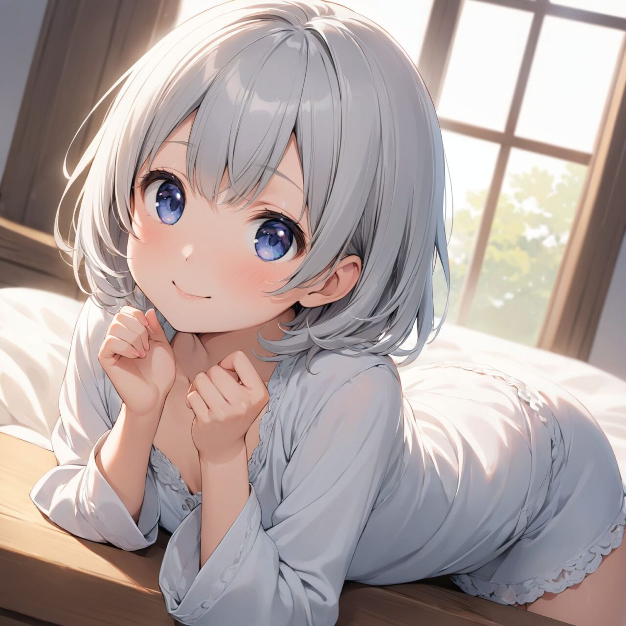 An innocent, pure and lovely 16-year-old girl,
with an innocent, childlike expression, a gentle smile, a shy gesture,

a bashful idol smile,

dark deep blue eyes that exude purity,
silver hair, a stylish short haircut, delicate hair flow,

Mayu-chan, who is popular in her class for being quiet, is wearing loose-fitting clothes in her room,
and a little of her chest is peeking out from the edge of her clothes as she relaxes in her light clothes.
Mayu-chan, who says ?Do you want to touch it?
?, is embarrassed and can't hide her impatience at showing her naked body for the first time.



She looks into the camera, her innocent surprise embodied in her expression,

the cowboy shot,
the soft, natural posture, the youthful and graceful shot,


the low angle of the shot emphasizes her cuteness and brings out the delicate texture of her hair and costume.
The soft shadows cast by the natural light emphasize the youthful contours of her face.


her figure clearly comes into focus.

High resolution, detailed graphics,
vibrant colors, professional quality,


ultra-high resolution, reproducing every detail from the individual strands of hair to the intricate weave of the costume
professional-quality, vivid contrast reproduces vivid colors