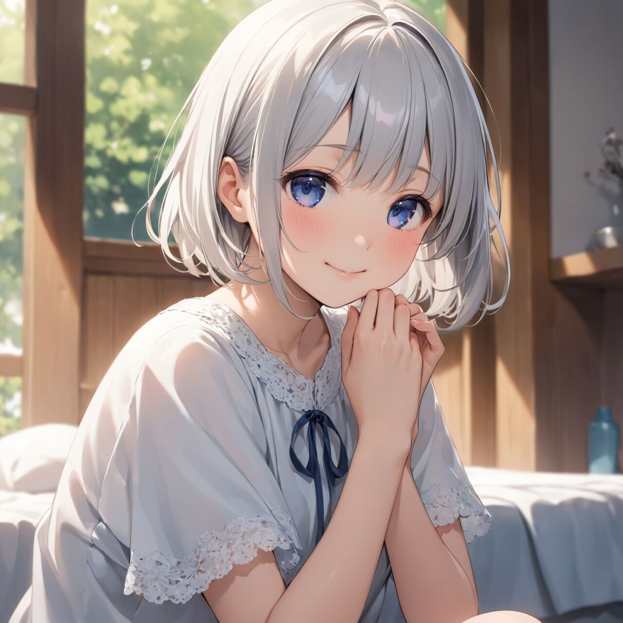 An innocent, pure and lovely 16-year-old girl,
with an innocent, childlike expression, a gentle smile, a shy gesture,

a bashful idol smile,

dark deep blue eyes that exude purity,
silver hair, a stylish short haircut, delicate hair flow,

Mayu-chan, who is popular in her class for being quiet, is wearing loose-fitting clothes in her room,
and a little of her chest is peeking out from the edge of her clothes as she relaxes in her light clothes.
Mayu-chan, who says ?Do you want to touch it?
?, is embarrassed and impatient at the thought of showing her naked body for the first time, and her face expresses her shyness.



She looks into the camera, her innocent surprise embodied in her expression,

a cowboy shot,
a soft, natural posture, a youthful and graceful shot,


the first time she's been with a guy and she's unexpectedly into sex...
Two people who have just learned about sex release their sexual desires on a hot spring trip. The film depicts the way they break down the barriers of reason and shame.




the low angle of the shot emphasizes her cuteness and brings out the delicate texture of her hair and costume.
The soft shadows of the natural light accentuate the youthful contours of her face.


Her figure emerges clearly.
The shallow depth of field of the 50mm f/1.2 lens creates a beautiful bokeh effect with her face in focus.
High resolution, detailed graphics,
vibrant colors, professional quality,


ultra-high resolution, reproducing every detail from the individual strands of hair to the intricate weave of the costume
professional-quality, vivid contrast, reproducing vivid colors,