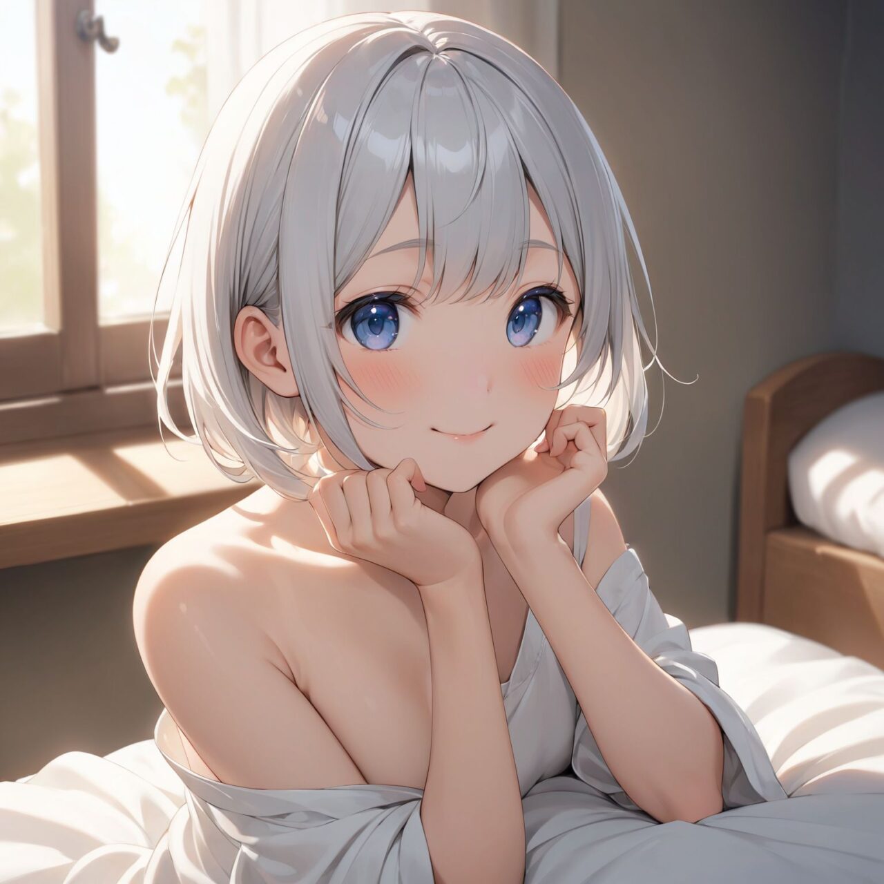 An innocent, pure and lovely 16-year-old girl,
with an innocent, childlike expression, a gentle smile, a shy gesture,

a bashful idol smile,

dark deep blue eyes that exude purity,
silver hair, a stylish short haircut, delicate hair flow,

May-chan, who is popular in her class for being quiet, is wearing loose-fitting clothes in her room,
and the edges of her clothes are being flipped up from her body as she relaxes in her light clothes.
May-chan, who says ?Do you want to see?
?, is embarrassed and impatient about showing her naked body for the first time, and her expression is one of shyness.

She loved sex...
A girl who has just learned about sex releases her sexual desires. This video depicts the way she breaks down the barriers of reason and shame.


She looks into the camera, her innocent surprise embodied in her expression,

cowboy shots,
soft, natural poses, youthful and graceful shots,

and low-angle shots emphasize her cuteness and bring out the delicate texture of her hair and clothes.
Soft natural light casts a soft shadow and emphasizes the youthful contours of her face.


her figure is clearly brought into relief.
The shallow depth of field of the 5


ultra-high resolution, every detail is reproduced, from the individual strands of hair to the