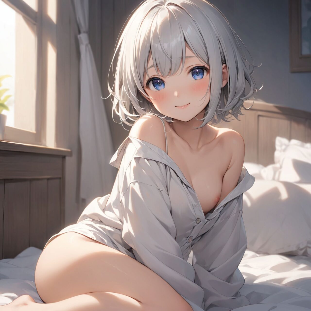 An innocent, pure and lovely 16-year-old girl,
with an innocent, childlike expression, a gentle smile, a shy gesture,

a bashful idol smile,

dark deep blue eyes that exude purity,
silver hair, a stylish short haircut, delicate hair flow,

May-chan, who is popular in her class for being quiet, is wearing loose-fitting clothes in her room,
(the edges of her clothes are being flipped up from her body as she relaxes in her light clothes:1.2), 
?Do you want to see?
is embarrassed and impatient about showing her naked body for the first time, and her expression is one of shyness.


She looks into the camera, her innocent surprise embodied in her expression,

cowboy shots,
soft, natural poses, youthful and graceful shots,

and low-angle shots emphasize her cuteness and bring out the delicate texture of her hair and clothes.
Soft natural light casts a soft shadow and emphasizes the youthful contours of her face.


her figure is clearly brought into relief.
The shallow depth of field of the 5


ultra-high resolution, every detail is reproduced, from the individual strands of hair to the