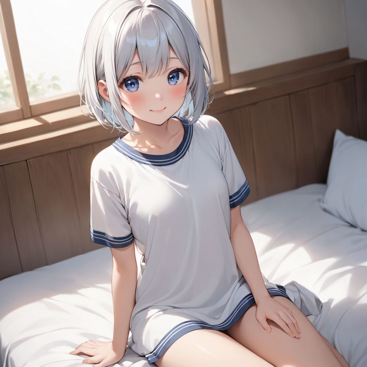 An innocent, pure and lovely 16-year-old girl,
with an innocent, childlike expression, a gentle smile, a shy gesture,

a bashful idol smile,

dark deep blue eyes that exude purity,
silver hair, a stylish short haircut, delicate hair flow,

May-chan, who is popular in her class for being quiet, is wearing loose-fitting clothes in her room,
(the edges of her clothes are being flipped up from her body as she relaxes in her light clothes:1.2), 
?Do you want to see?
is embarrassed and impatient about showing her naked body for the first time, and her expression is one of shyness.


She looks into the camera, her innocent surprise embodied in her expression,

cowboy shots,
soft, natural poses, youthful and graceful shots,

and low-angle shots emphasize her cuteness and bring out the delicate texture of her hair and clothes.
Soft natural light casts a soft shadow and emphasizes the youthful contours of her face.


her figure is clearly brought into relief.
The shallow depth of field of the 5


ultra-high resolution, every detail is reproduced, from the individual strands of hair to the