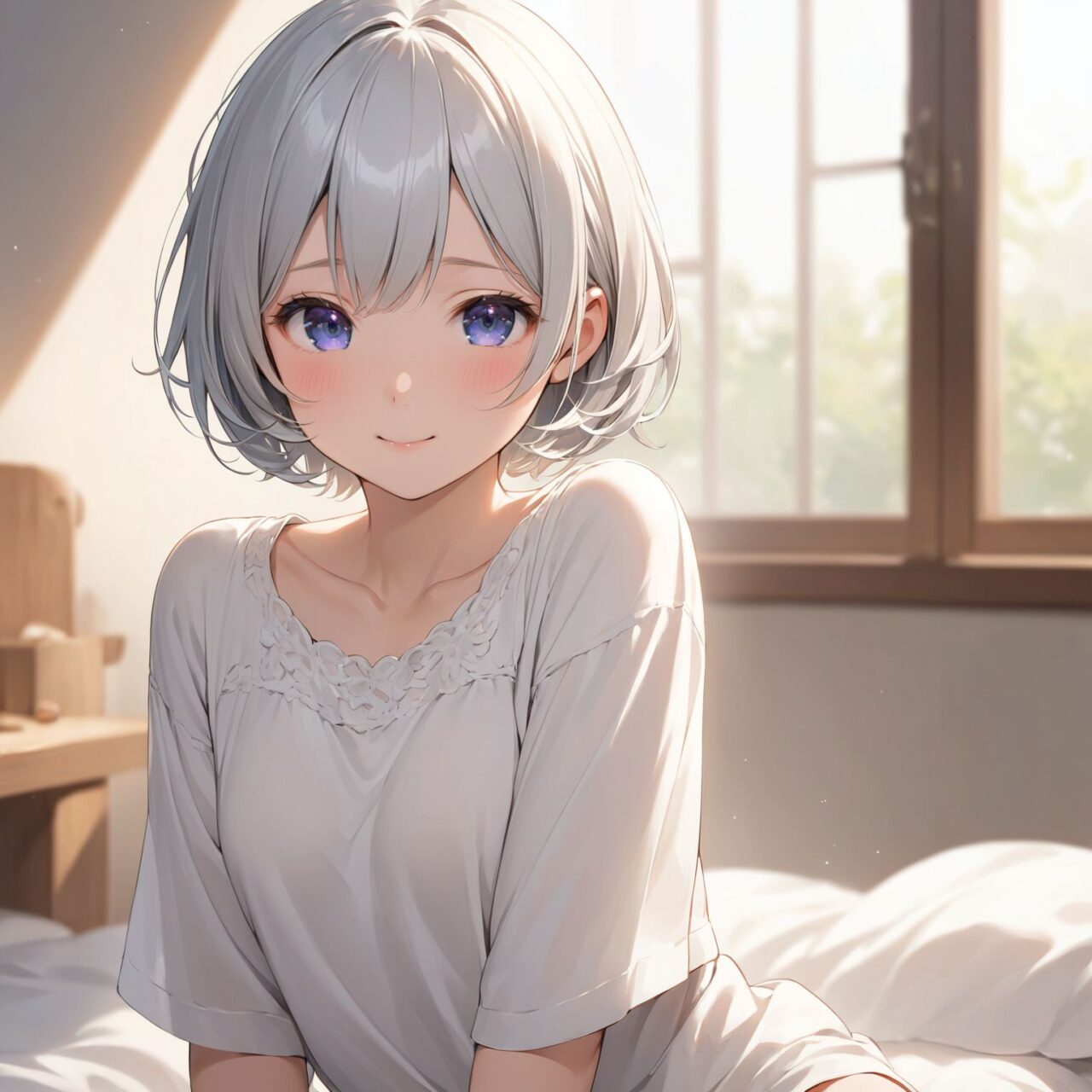 An innocent, pure and lovely 16-year-old girl,
with an innocent, childlike expression, a gentle smile, a shy gesture,

a bashful idol smile,

dark deep blue eyes that exude purity,
silver hair, a stylish short haircut, delicate hair flow,

(May-chan, who is popular in her class for being quiet, is wearing loose-fitting clothes in her room,
(the edges of her clothes are being flipped up from her body as she relaxes in her light clothes:1.2), 
?Do you want to see?
is embarrassed and impatient about showing her naked body for the first time, and her expression is one of shyness:1.2), 


She looks into the camera, her innocent surprise embodied in her expression,

cowboy shots,
soft, natural poses, youthful and graceful shots,

and low-angle shots emphasize her cuteness and bring out the delicate texture of her hair and clothes.
Soft natural light casts a soft shadow and emphasizes the youthful contours of her face.


her figure is clearly brought into relief.
The shallow depth of field of the 5


ultra-high resolution, every detail is reproduced, from the individual strands of hair to the