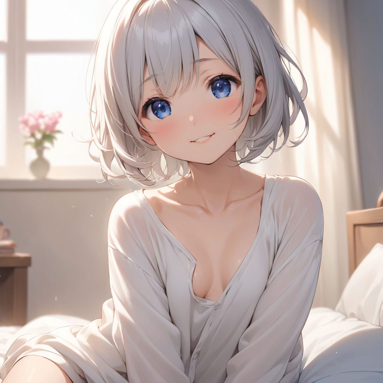 (May-chan, who is popular in her class for being quiet, is wearing loose-fitting clothes in her room,
(the edges of her clothes are being flipped up from her body as she relaxes in her light clothes:1.6), 
?Do you want to see?
is embarrassed and impatient about showing her naked body for the first time, and her expression is one of shyness:1.2), 


An innocent, pure and lovely 16-year-old girl,
with an innocent, childlike expression, a gentle smile, a shy gesture,

a bashful idol smile,

dark deep blue eyes that exude purity,
silver hair, a stylish short haircut, delicate hair flow,



She looks into the camera, her innocent surprise embodied in her expression,

cowboy shots,
soft, natural poses, youthful and graceful shots,

and low-angle shots emphasize her cuteness and bring out the delicate texture of her hair and clothes.
Soft natural light casts a soft shadow and emphasizes the youthful contours of her face.


her figure is clearly brought into relief.
The shallow depth of field of the 5


ultra-high resolution, every detail is reproduced, from the individual strands of hair to the