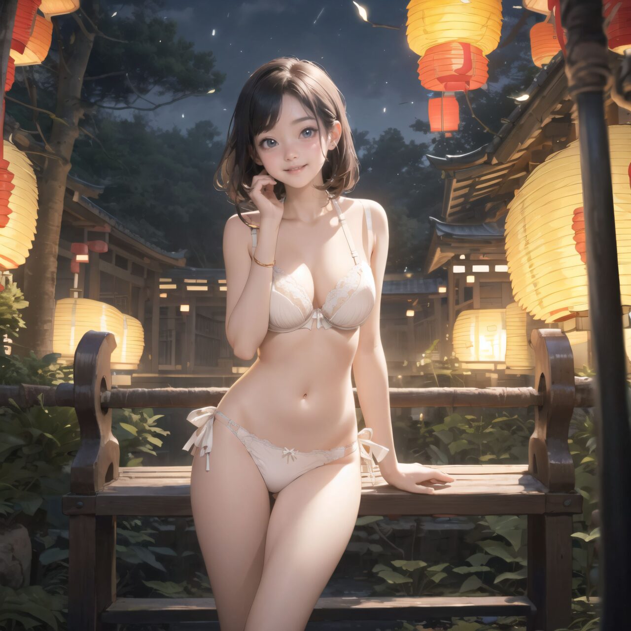 Innocent pure and charming 16-year-old girl, (front face lighting:1.8), Innocent, youthful expression, gentle smile, shy demeanour, Embarrassed Idol smile, Temptation, A face that is alluring and inviting, 

((Garden at night with lanterns hanging from trees.):1.5), A pure, (white silk full-cup bra:1.5), crafted from the finest silk, with an exquisite (lace pattern:1.2) that gracefully embellishes the cups. The lace design mimics delicate, scattered flowers, intricately woven into the fabric, adding depth and texture to the soft, smooth surface of the silk. The (white silk material:1.3) reflects light beautifully, creating a refined and sophisticated appearance. Paired with matching (hite silk bikini panties:1.5), the sides feature the same intricate lace pattern, flowing elegantly along the hips. The lace trim delicately enhances the natural curves, with a soft (silk ribbon) tied at the waist for an added touch of elegance. Completing the set is a (white silk camisole), with lace detailing along the neckline and straps. The camisole's sleek silk drapes softly over the body, with the shimmering material enhancing the feminine silhouette. The hemline is adorned with small lace accents, creating a light yet sophisticated finish. The combination of pure white silk and delicate lace creates a timeless, elegant look, perfect for a special evening

 Lily is standing in an elegant, sunlit garden pavilion, surrounded by blooming roses in shades of white and soft pink. The delicate ivory lace of her lingerie contrasts beautifully with the lush greenery and floral surroundings. The morning sun filters gently through the foliage, casting soft shadows on the intricate patterns of her lace. A wrought iron bench adorned with roses sits behind her, while tall, stone columns frame the scene, adding a touch of grandeur. Lily?s posture is graceful as she stands with her hands softly clasped in front of her, her gaze slightly downcast, offering a serene and demure expression. The calm morning breeze adds a subtle motion to her flowing hair, while the scent of roses lingers in the air, complementing the ethereal atmosphere.

Facing the camera, making eye contact, embodying childlike wonder, Soft, natural posture, youthful, graceful shot, 

flirtatious eyes expression, an ideal blend of innocence and enchantment, Embodies the popular kawaii girl, Elements of Lolita fashion, fresh and pure poses, exuding natural charm, 

The low angle emphasises her kawaii and highlights the fine textures of her hair and clothes, Natural light casts soft shadows and highlights the contours of her youthful face, 

Bringing her into sharp focus, Shallow depth of field with the *50mm F/1.2 lens for beautiful depth blur with her face in focus, High resolution, detailed graphics, (vivid colors), professional quality,
Ultra-high resolution, capturing every detail from individual strands of hair to the intricate fabrics of her costume, Professional-grade clarity and contrast bring the vibrant colours to life,


(moles:-1.1),(spot on the skin:-1.2),(freckles:-1.3),