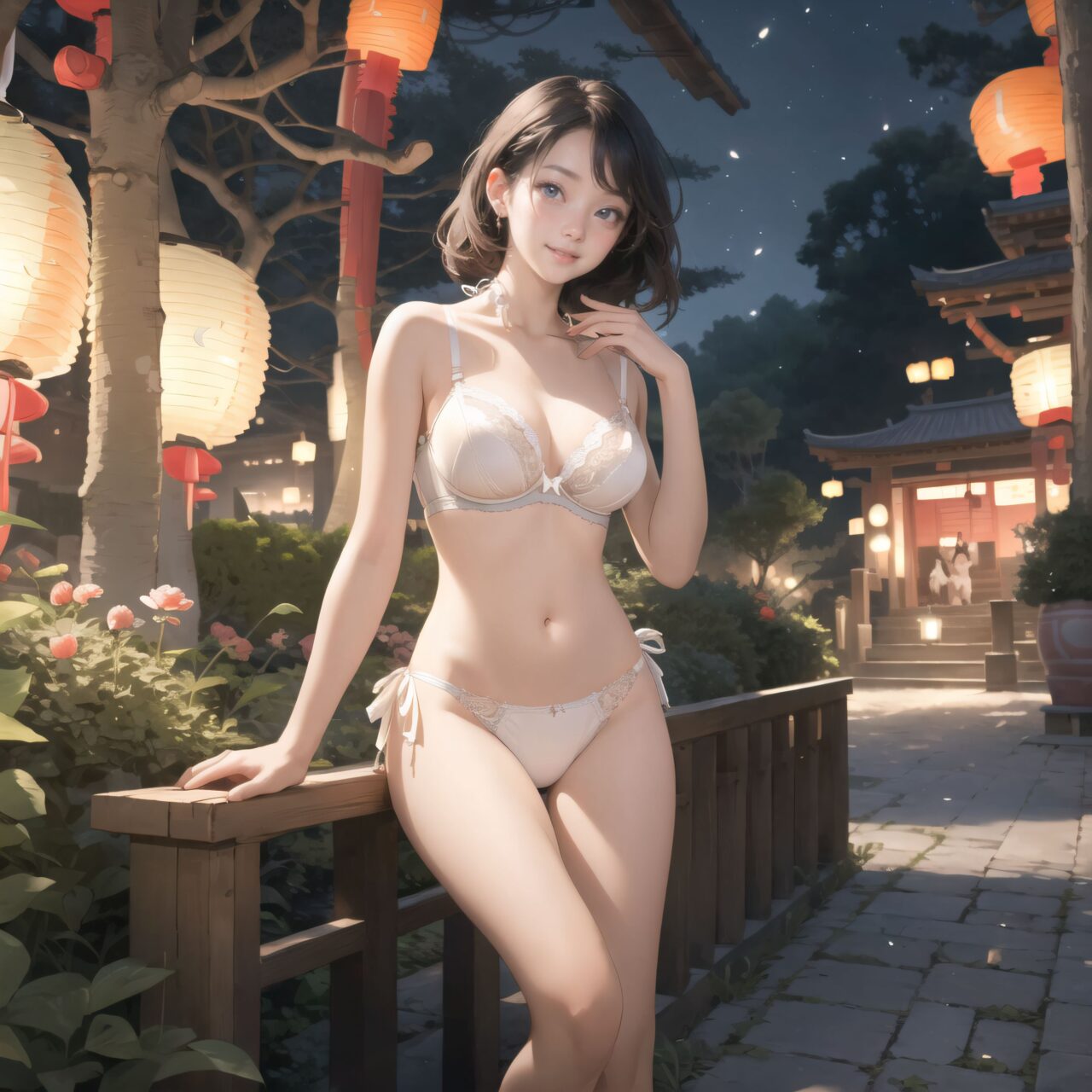 Innocent pure and charming 16-year-old girl, (front face lighting:1.8), Innocent, youthful expression, gentle smile, shy demeanour, Embarrassed Idol smile, Temptation, A face that is alluring and inviting, 

((Garden at night with lanterns hanging from trees.):1.5), A pure, (white silk full-cup bra:1.5), crafted from the finest silk, with an exquisite (lace pattern:1.2) that gracefully embellishes the cups. The lace design mimics delicate, scattered flowers, intricately woven into the fabric, adding depth and texture to the soft, smooth surface of the silk. The (white silk material:1.3) reflects light beautifully, creating a refined and sophisticated appearance. Paired with matching (hite silk bikini panties:1.5), the sides feature the same intricate lace pattern, flowing elegantly along the hips. The lace trim delicately enhances the natural curves, with a soft (silk ribbon) tied at the waist for an added touch of elegance. Completing the set is a (white silk camisole), with lace detailing along the neckline and straps. The camisole's sleek silk drapes softly over the body, with the shimmering material enhancing the feminine silhouette. The hemline is adorned with small lace accents, creating a light yet sophisticated finish. The combination of pure white silk and delicate lace creates a timeless, elegant look, perfect for a special evening

 Lily is standing in an elegant, sunlit garden pavilion, surrounded by blooming roses in shades of white and soft pink. The delicate ivory lace of her lingerie contrasts beautifully with the lush greenery and floral surroundings. The morning sun filters gently through the foliage, casting soft shadows on the intricate patterns of her lace. A wrought iron bench adorned with roses sits behind her, while tall, stone columns frame the scene, adding a touch of grandeur. Lily?s posture is graceful as she stands with her hands softly clasped in front of her, her gaze slightly downcast, offering a serene and demure expression. The calm morning breeze adds a subtle motion to her flowing hair, while the scent of roses lingers in the air, complementing the ethereal atmosphere.

Facing the camera, making eye contact, embodying childlike wonder, Soft, natural posture, youthful, graceful shot, 

flirtatious eyes expression, an ideal blend of innocence and enchantment, Embodies the popular kawaii girl, Elements of Lolita fashion, fresh and pure poses, exuding natural charm, 

The low angle emphasises her kawaii and highlights the fine textures of her hair and clothes, Natural light casts soft shadows and highlights the contours of her youthful face, 

Bringing her into sharp focus, Shallow depth of field with the *50mm F/1.2 lens for beautiful depth blur with her face in focus, High resolution, detailed graphics, (vivid colors), professional quality,
Ultra-high resolution, capturing every detail from individual strands of hair to the intricate fabrics of her costume, Professional-grade clarity and contrast bring the vibrant colours to life,


(moles:-1.1),(spot on the skin:-1.2),(freckles:-1.3),