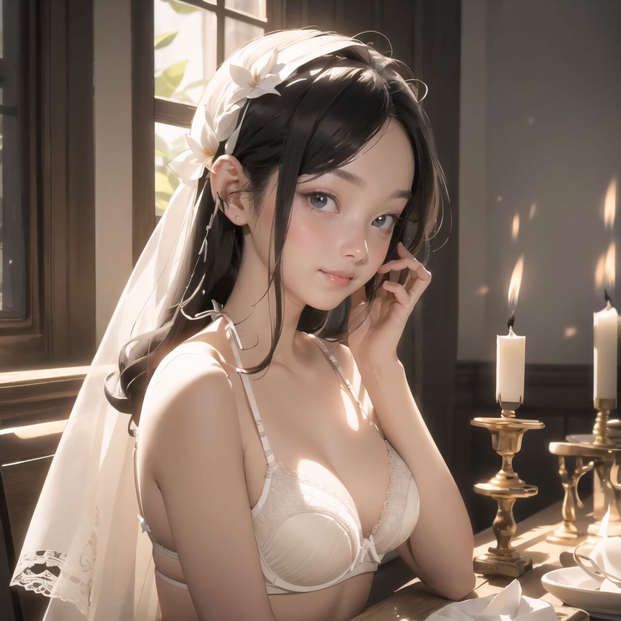 Innocent pure and charming 16-year-old girl, (front face lighting:1.8), Innocent, youthful expression, gentle smile, shy demeanour, Embarrassed Idol smile, Temptation, A face that is alluring and inviting, 

((Candle-lit dining room with soft music playing.):1.5), A pure, (white silk full-cup bra:1.5), crafted from the finest silk, with an exquisite (lace pattern:1.2) that gracefully embellishes the cups. The lace design mimics delicate, scattered flowers, intricately woven into the fabric, adding depth and texture to the soft, smooth surface of the silk. The (white silk material:1.3) reflects light beautifully, creating a refined and sophisticated appearance. Paired with matching (hite silk bikini panties:1.5), the sides feature the same intricate lace pattern, flowing elegantly along the hips. The lace trim delicately enhances the natural curves, with a soft (silk ribbon) tied at the waist for an added touch of elegance. Completing the set is a (white silk camisole), with lace detailing along the neckline and straps. The camisole's sleek silk drapes softly over the body, with the shimmering material enhancing the feminine silhouette. The hemline is adorned with small lace accents, creating a light yet sophisticated finish. The combination of pure white silk and delicate lace creates a timeless, elegant look, perfect for a special evening

 Lily is standing in an elegant, sunlit garden pavilion, surrounded by blooming roses in shades of white and soft pink. The delicate ivory lace of her lingerie contrasts beautifully with the lush greenery and floral surroundings. The morning sun filters gently through the foliage, casting soft shadows on the intricate patterns of her lace. A wrought iron bench adorned with roses sits behind her, while tall, stone columns frame the scene, adding a touch of grandeur. Lily?s posture is graceful as she stands with her hands softly clasped in front of her, her gaze slightly downcast, offering a serene and demure expression. The calm morning breeze adds a subtle motion to her flowing hair, while the scent of roses lingers in the air, complementing the ethereal atmosphere.

Facing the camera, making eye contact, embodying childlike wonder, Soft, natural posture, youthful, graceful shot, 

flirtatious eyes expression, an ideal blend of innocence and enchantment, Embodies the popular kawaii girl, Elements of Lolita fashion, fresh and pure poses, exuding natural charm, 

The low angle emphasises her kawaii and highlights the fine textures of her hair and clothes, Natural light casts soft shadows and highlights the contours of her youthful face, 

Bringing her into sharp focus, Shallow depth of field with the *50mm F/1.2 lens for beautiful depth blur with her face in focus, High resolution, detailed graphics, (vivid colors), professional quality,
Ultra-high resolution, capturing every detail from individual strands of hair to the intricate fabrics of her costume, Professional-grade clarity and contrast bring the vibrant colours to life,


(moles:-1.1),(spot on the skin:-1.2),(freckles:-1.3),