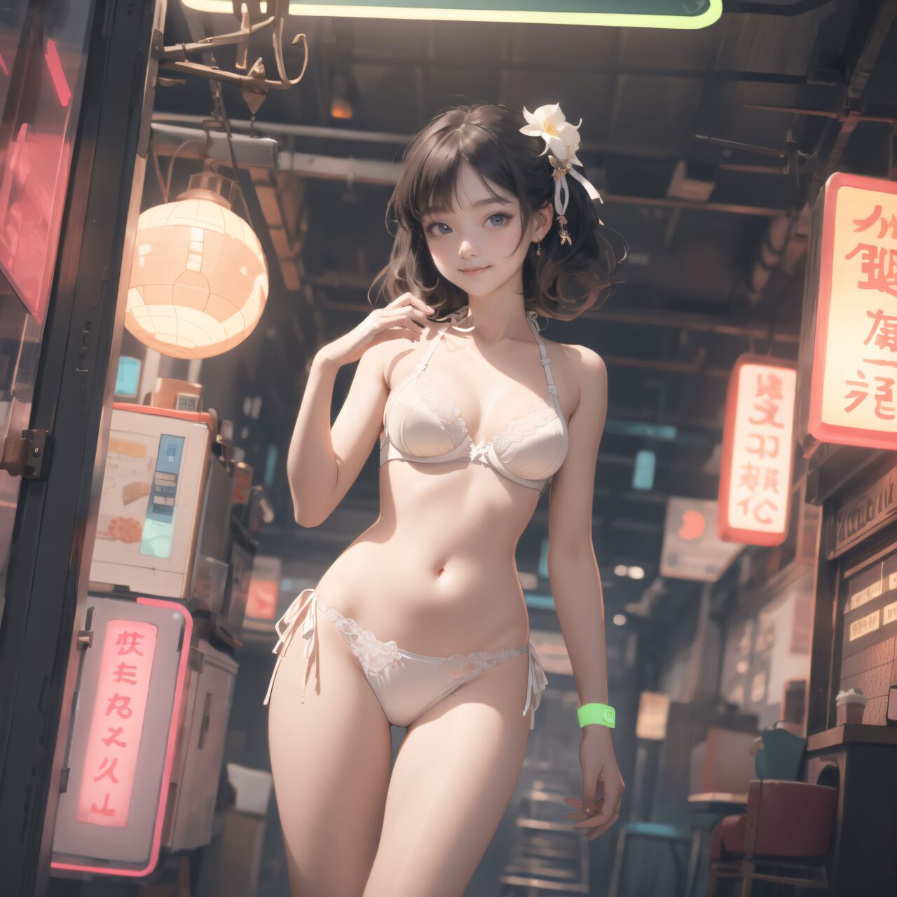 Innocent pure and charming 16-year-old girl, (front face lighting:1.8), Innocent, youthful expression, gentle smile, shy demeanour, Embarrassed Idol smile, Temptation, A face that is alluring and inviting, 

((In a digital grid filled with neon lights.):1.5), A pure, (white silk full-cup bra:1.5), crafted from the finest silk, with an exquisite (lace pattern:1.2) that gracefully embellishes the cups. The lace design mimics delicate, scattered flowers, intricately woven into the fabric, adding depth and texture to the soft, smooth surface of the silk. The (white silk material:1.3) reflects light beautifully, creating a refined and sophisticated appearance. Paired with matching (hite silk bikini panties:1.5), the sides feature the same intricate lace pattern, flowing elegantly along the hips. The lace trim delicately enhances the natural curves, with a soft (silk ribbon) tied at the waist for an added touch of elegance. Completing the set is a (white silk camisole), with lace detailing along the neckline and straps. The camisole's sleek silk drapes softly over the body, with the shimmering material enhancing the feminine silhouette. The hemline is adorned with small lace accents, creating a light yet sophisticated finish. The combination of pure white silk and delicate lace creates a timeless, elegant look, perfect for a special evening

 Lily is standing in an elegant, sunlit garden pavilion, surrounded by blooming roses in shades of white and soft pink. The delicate ivory lace of her lingerie contrasts beautifully with the lush greenery and floral surroundings. The morning sun filters gently through the foliage, casting soft shadows on the intricate patterns of her lace. A wrought iron bench adorned with roses sits behind her, while tall, stone columns frame the scene, adding a touch of grandeur. Lily?s posture is graceful as she stands with her hands softly clasped in front of her, her gaze slightly downcast, offering a serene and demure expression. The calm morning breeze adds a subtle motion to her flowing hair, while the scent of roses lingers in the air, complementing the ethereal atmosphere.

Facing the camera, making eye contact, embodying childlike wonder, Soft, natural posture, youthful, graceful shot, 

flirtatious eyes expression, an ideal blend of innocence and enchantment, Embodies the popular kawaii girl, Elements of Lolita fashion, fresh and pure poses, exuding natural charm, 

The low angle emphasises her kawaii and highlights the fine textures of her hair and clothes, Natural light casts soft shadows and highlights the contours of her youthful face, 

Bringing her into sharp focus, Shallow depth of field with the *50mm F/1.2 lens for beautiful depth blur with her face in focus, High resolution, detailed graphics, (vivid colors), professional quality,
Ultra-high resolution, capturing every detail from individual strands of hair to the intricate fabrics of her costume, Professional-grade clarity and contrast bring the vibrant colours to life,


(moles:-1.1),(spot on the skin:-1.2),(freckles:-1.3),