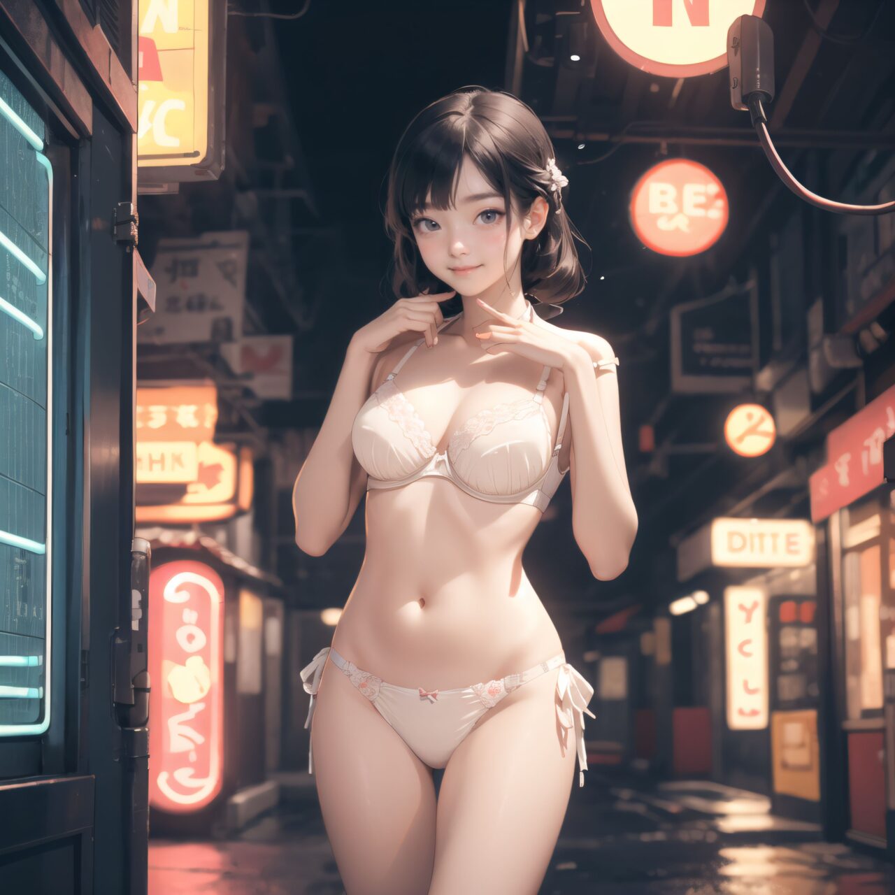 Innocent pure and charming 16-year-old girl, (front face lighting:1.8), Innocent, youthful expression, gentle smile, shy demeanour, Embarrassed Idol smile, Temptation, A face that is alluring and inviting, 

((In a digital grid filled with neon lights.):1.5), A pure, (white silk full-cup bra:1.5), crafted from the finest silk, with an exquisite (lace pattern:1.2) that gracefully embellishes the cups. The lace design mimics delicate, scattered flowers, intricately woven into the fabric, adding depth and texture to the soft, smooth surface of the silk. The (white silk material:1.3) reflects light beautifully, creating a refined and sophisticated appearance. Paired with matching (hite silk bikini panties:1.5), the sides feature the same intricate lace pattern, flowing elegantly along the hips. The lace trim delicately enhances the natural curves, with a soft (silk ribbon) tied at the waist for an added touch of elegance. Completing the set is a (white silk camisole), with lace detailing along the neckline and straps. The camisole's sleek silk drapes softly over the body, with the shimmering material enhancing the feminine silhouette. The hemline is adorned with small lace accents, creating a light yet sophisticated finish. The combination of pure white silk and delicate lace creates a timeless, elegant look, perfect for a special evening

 Lily is standing in an elegant, sunlit garden pavilion, surrounded by blooming roses in shades of white and soft pink. The delicate ivory lace of her lingerie contrasts beautifully with the lush greenery and floral surroundings. The morning sun filters gently through the foliage, casting soft shadows on the intricate patterns of her lace. A wrought iron bench adorned with roses sits behind her, while tall, stone columns frame the scene, adding a touch of grandeur. Lily?s posture is graceful as she stands with her hands softly clasped in front of her, her gaze slightly downcast, offering a serene and demure expression. The calm morning breeze adds a subtle motion to her flowing hair, while the scent of roses lingers in the air, complementing the ethereal atmosphere.

Facing the camera, making eye contact, embodying childlike wonder, Soft, natural posture, youthful, graceful shot, 

flirtatious eyes expression, an ideal blend of innocence and enchantment, Embodies the popular kawaii girl, Elements of Lolita fashion, fresh and pure poses, exuding natural charm, 

The low angle emphasises her kawaii and highlights the fine textures of her hair and clothes, Natural light casts soft shadows and highlights the contours of her youthful face, 

Bringing her into sharp focus, Shallow depth of field with the *50mm F/1.2 lens for beautiful depth blur with her face in focus, High resolution, detailed graphics, (vivid colors), professional quality,
Ultra-high resolution, capturing every detail from individual strands of hair to the intricate fabrics of her costume, Professional-grade clarity and contrast bring the vibrant colours to life,


(moles:-1.1),(spot on the skin:-1.2),(freckles:-1.3),