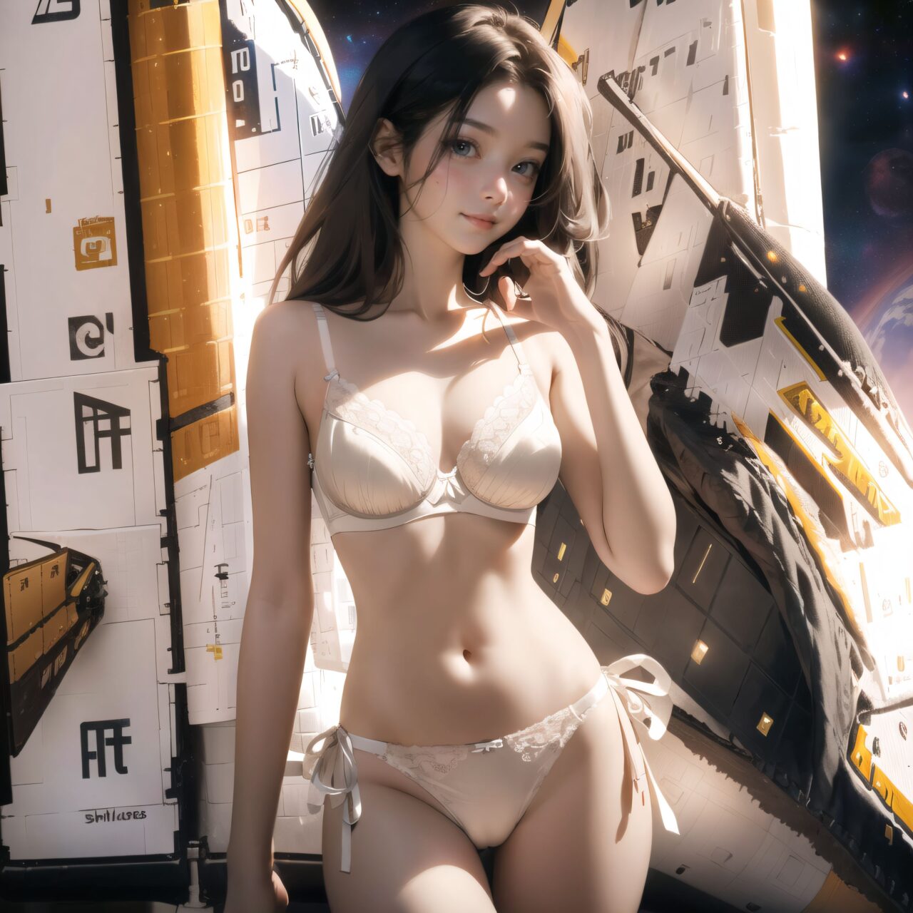 Innocent pure and charming 16-year-old girl, (front face lighting:1.8), Innocent, youthful expression, gentle smile, shy demeanour, Embarrassed Idol smile, Temptation, A face that is alluring and inviting, 

((On a space shuttle launchpad at dusk.):1.5), A pure, (white silk full-cup bra:1.5), crafted from the finest silk, with an exquisite (lace pattern:1.2) that gracefully embellishes the cups. The lace design mimics delicate, scattered flowers, intricately woven into the fabric, adding depth and texture to the soft, smooth surface of the silk. The (white silk material:1.3) reflects light beautifully, creating a refined and sophisticated appearance. Paired with matching (hite silk bikini panties:1.5), the sides feature the same intricate lace pattern, flowing elegantly along the hips. The lace trim delicately enhances the natural curves, with a soft (silk ribbon) tied at the waist for an added touch of elegance. Completing the set is a (white silk camisole), with lace detailing along the neckline and straps. The camisole's sleek silk drapes softly over the body, with the shimmering material enhancing the feminine silhouette. The hemline is adorned with small lace accents, creating a light yet sophisticated finish. The combination of pure white silk and delicate lace creates a timeless, elegant look, perfect for a special evening

 Lily is standing in an elegant, sunlit garden pavilion, surrounded by blooming roses in shades of white and soft pink. The delicate ivory lace of her lingerie contrasts beautifully with the lush greenery and floral surroundings. The morning sun filters gently through the foliage, casting soft shadows on the intricate patterns of her lace. A wrought iron bench adorned with roses sits behind her, while tall, stone columns frame the scene, adding a touch of grandeur. Lily?s posture is graceful as she stands with her hands softly clasped in front of her, her gaze slightly downcast, offering a serene and demure expression. The calm morning breeze adds a subtle motion to her flowing hair, while the scent of roses lingers in the air, complementing the ethereal atmosphere.

Facing the camera, making eye contact, embodying childlike wonder, Soft, natural posture, youthful, graceful shot, 

flirtatious eyes expression, an ideal blend of innocence and enchantment, Embodies the popular kawaii girl, Elements of Lolita fashion, fresh and pure poses, exuding natural charm, 

The low angle emphasises her kawaii and highlights the fine textures of her hair and clothes, Natural light casts soft shadows and highlights the contours of her youthful face, 

Bringing her into sharp focus, Shallow depth of field with the *50mm F/1.2 lens for beautiful depth blur with her face in focus, High resolution, detailed graphics, (vivid colors), professional quality,
Ultra-high resolution, capturing every detail from individual strands of hair to the intricate fabrics of her costume, Professional-grade clarity and contrast bring the vibrant colours to life,


(moles:-1.1),(spot on the skin:-1.2),(freckles:-1.3),