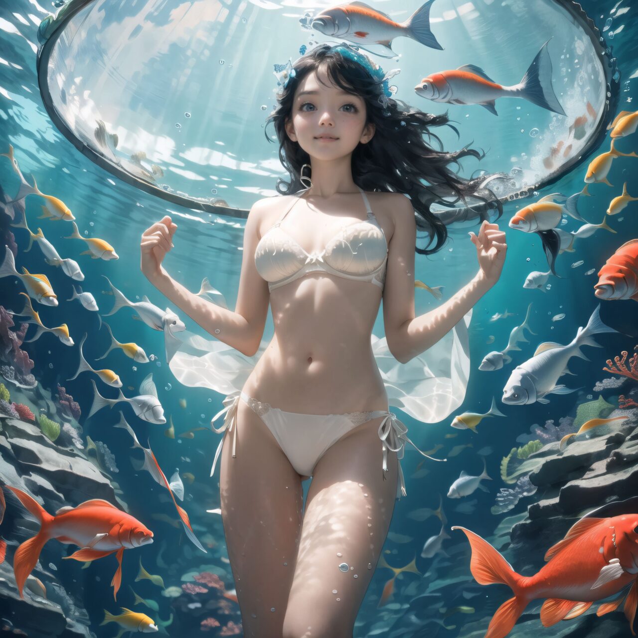 Innocent pure and charming 16-year-old girl, (front face lighting:1.8), Innocent, youthful expression, gentle smile, shy demeanour, Embarrassed Idol smile, Temptation, A face that is alluring and inviting, 

((In an underwater glass dome with fish swimming by.):1.5), A pure, (white silk full-cup bra:1.5), crafted from the finest silk, with an exquisite (lace pattern:1.2) that gracefully embellishes the cups. The lace design mimics delicate, scattered flowers, intricately woven into the fabric, adding depth and texture to the soft, smooth surface of the silk. The (white silk material:1.3) reflects light beautifully, creating a refined and sophisticated appearance. Paired with matching (hite silk bikini panties:1.5), the sides feature the same intricate lace pattern, flowing elegantly along the hips. The lace trim delicately enhances the natural curves, with a soft (silk ribbon) tied at the waist for an added touch of elegance. Completing the set is a (white silk camisole), with lace detailing along the neckline and straps. The camisole's sleek silk drapes softly over the body, with the shimmering material enhancing the feminine silhouette. The hemline is adorned with small lace accents, creating a light yet sophisticated finish. The combination of pure white silk and delicate lace creates a timeless, elegant look, perfect for a special evening

 Lily is standing in an elegant, sunlit garden pavilion, surrounded by blooming roses in shades of white and soft pink. The delicate ivory lace of her lingerie contrasts beautifully with the lush greenery and floral surroundings. The morning sun filters gently through the foliage, casting soft shadows on the intricate patterns of her lace. A wrought iron bench adorned with roses sits behind her, while tall, stone columns frame the scene, adding a touch of grandeur. Lily?s posture is graceful as she stands with her hands softly clasped in front of her, her gaze slightly downcast, offering a serene and demure expression. The calm morning breeze adds a subtle motion to her flowing hair, while the scent of roses lingers in the air, complementing the ethereal atmosphere.

Facing the camera, making eye contact, embodying childlike wonder, Soft, natural posture, youthful, graceful shot, 

flirtatious eyes expression, an ideal blend of innocence and enchantment, Embodies the popular kawaii girl, Elements of Lolita fashion, fresh and pure poses, exuding natural charm, 

The low angle emphasises her kawaii and highlights the fine textures of her hair and clothes, Natural light casts soft shadows and highlights the contours of her youthful face, 

Bringing her into sharp focus, Shallow depth of field with the *50mm F/1.2 lens for beautiful depth blur with her face in focus, High resolution, detailed graphics, (vivid colors), professional quality,
Ultra-high resolution, capturing every detail from individual strands of hair to the intricate fabrics of her costume, Professional-grade clarity and contrast bring the vibrant colours to life,


(moles:-1.1),(spot on the skin:-1.2),(freckles:-1.3),