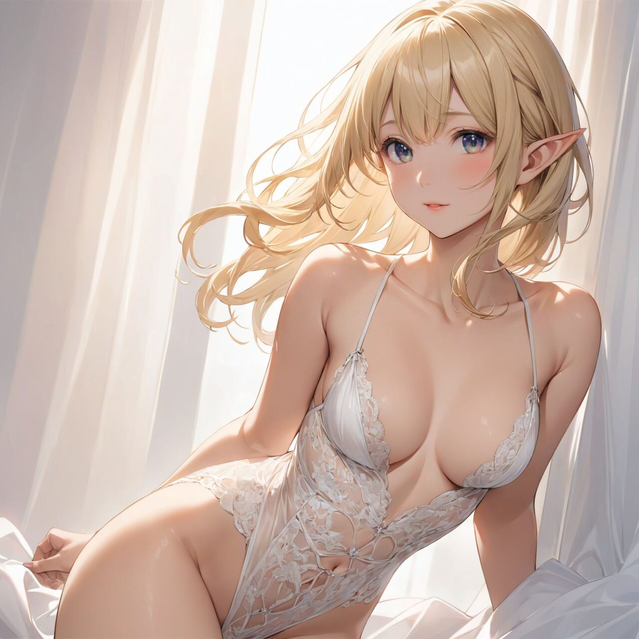 Please draw the following picture of women's lingerie.
The model is a 16-year-old blonde elf beauty.
She is standing alone in front of us in a cowboy shot against a plain white background.


"A provocative bust open teddy with a plunging neckline that leaves the chest fully exposed. Sheer lace and satin fabrics create a delicate, semi-transparent design that clings to the body?s curves. The waist is cinched for a flattering fit, while the open bust and bare back add an irresistible element of seduction."



The low angle emphasises her kawaii and highlights the fine textures of her hair and clothes, 
Natural light casts soft shadows and highlights the contours of her youthful face, 


Bringing her into sharp focus,

High resolution, detailed graphics, 
vivid colors, professional quality,


Ultra-high resolution, capturing every detail from individual strands of hair to the intricate fabrics of her costume,
Professional-grade clarity and contrast bring the vibrant colours to life,