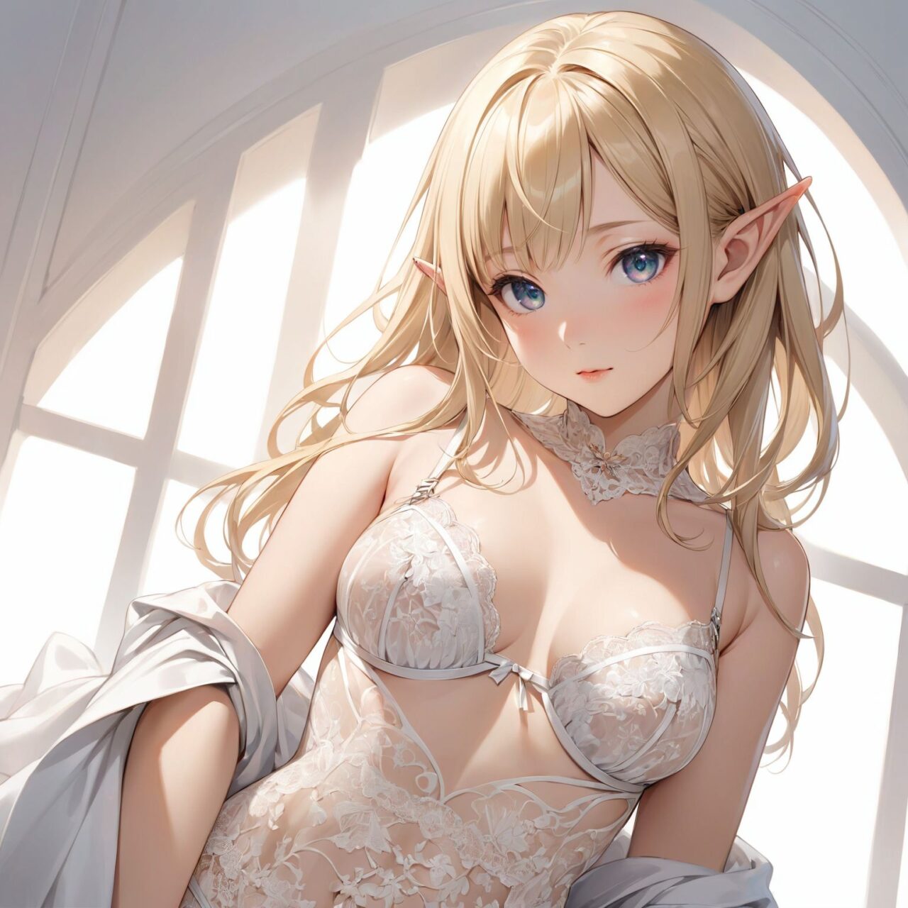 Please draw a photo-realistic illustration of the following girl's lingerie,
The model is a 16-year-old blonde elf beauty.
She is standing alone in front of us against a white background.


"A daring open bra with exposed cups, designed to reveal and highlight the bust in an irresistibly seductive way. Delicate lace straps and satin accents cradle the breasts, providing support while allowing for maximum exposure. Decorative ribbons and elegant lace detailing add a touch of sophistication to this sultry lingerie piece."


The low angle emphasises her kawaii and highlights the fine textures of her hair and clothes, 
Natural light casts soft shadows and highlights the contours of her youthful face, 


Bringing her into sharp focus,

High resolution, detailed graphics, 
vivid colors, professional quality,


Ultra-high resolution, capturing every detail from individual strands of hair to the intricate fabrics of her costume,
Professional-grade clarity and contrast bring the vibrant colours to life,