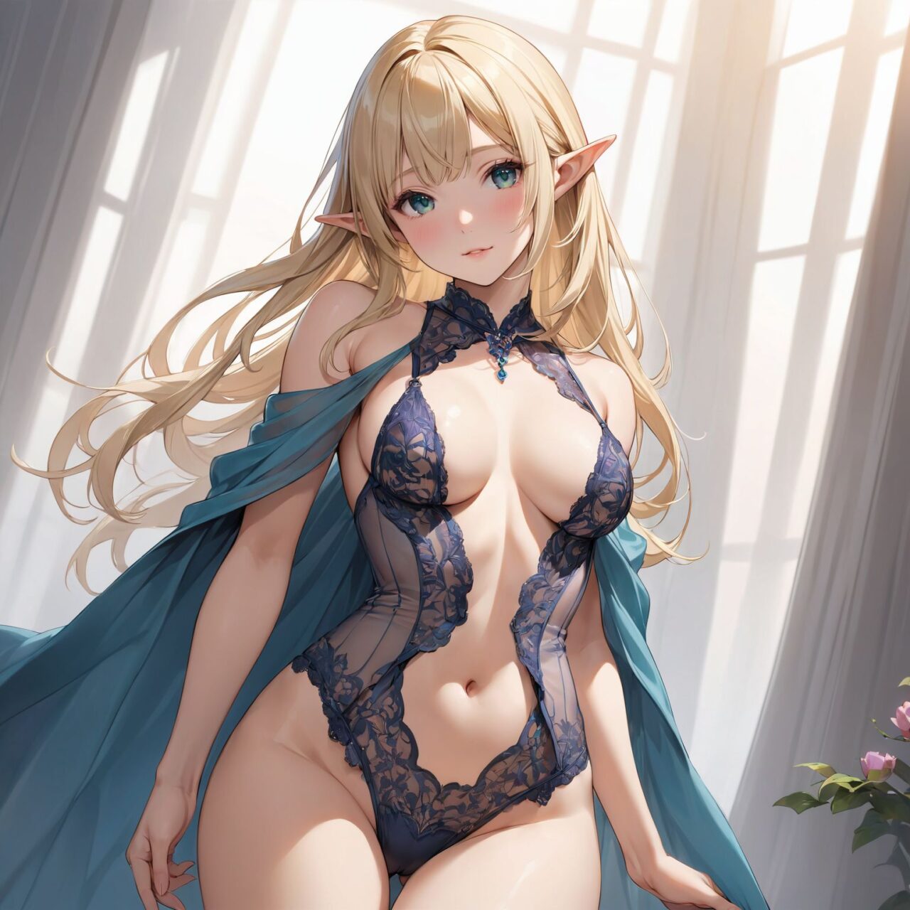 Please draw an erotic picture of the following girl's lingerie.
The model is a 16-year-old blonde elf beauty.
She is shown from the knee up in a cowboy shot in front of us, standing alone facing forward.
The background is plain white.


"A provocative bust open teddy with a plunging neckline that leaves the chest fully exposed. Sheer lace and satin fabrics create a delicate, semi-transparent design that clings to the body?s curves. The waist is cinched for a flattering fit, while the open bust and bare back add an irresistible element of seduction."



The low angle emphasises her kawaii and highlights the fine textures of her hair and clothes, 
Natural light casts soft shadows and highlights the contours of her youthful face, 


Bringing her into sharp focus,

High resolution, detailed graphics, 
vivid colors, professional quality,


Ultra-high resolution, capturing every detail from individual strands of hair to the intricate fabrics of her costume,
Professional-grade clarity and contrast bring the vibrant colours to life,